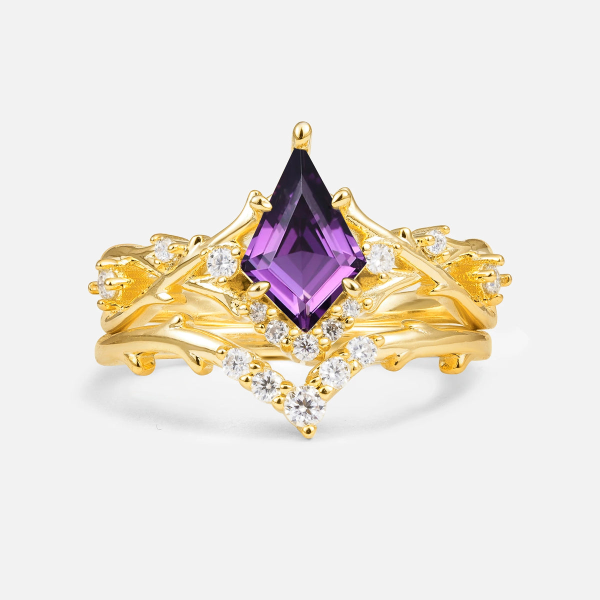 Natural Inspired Kite-Cut Amethyst Bridal Ring Set