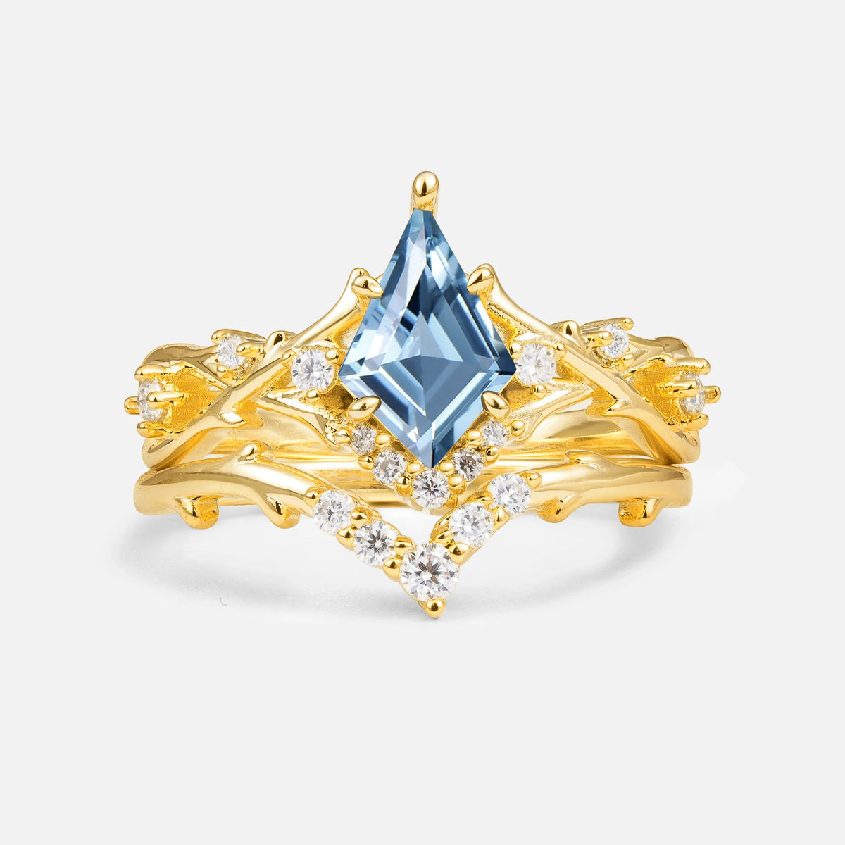 Natural Inspired Kite-Cut Aquamarine Bridal Ring Set