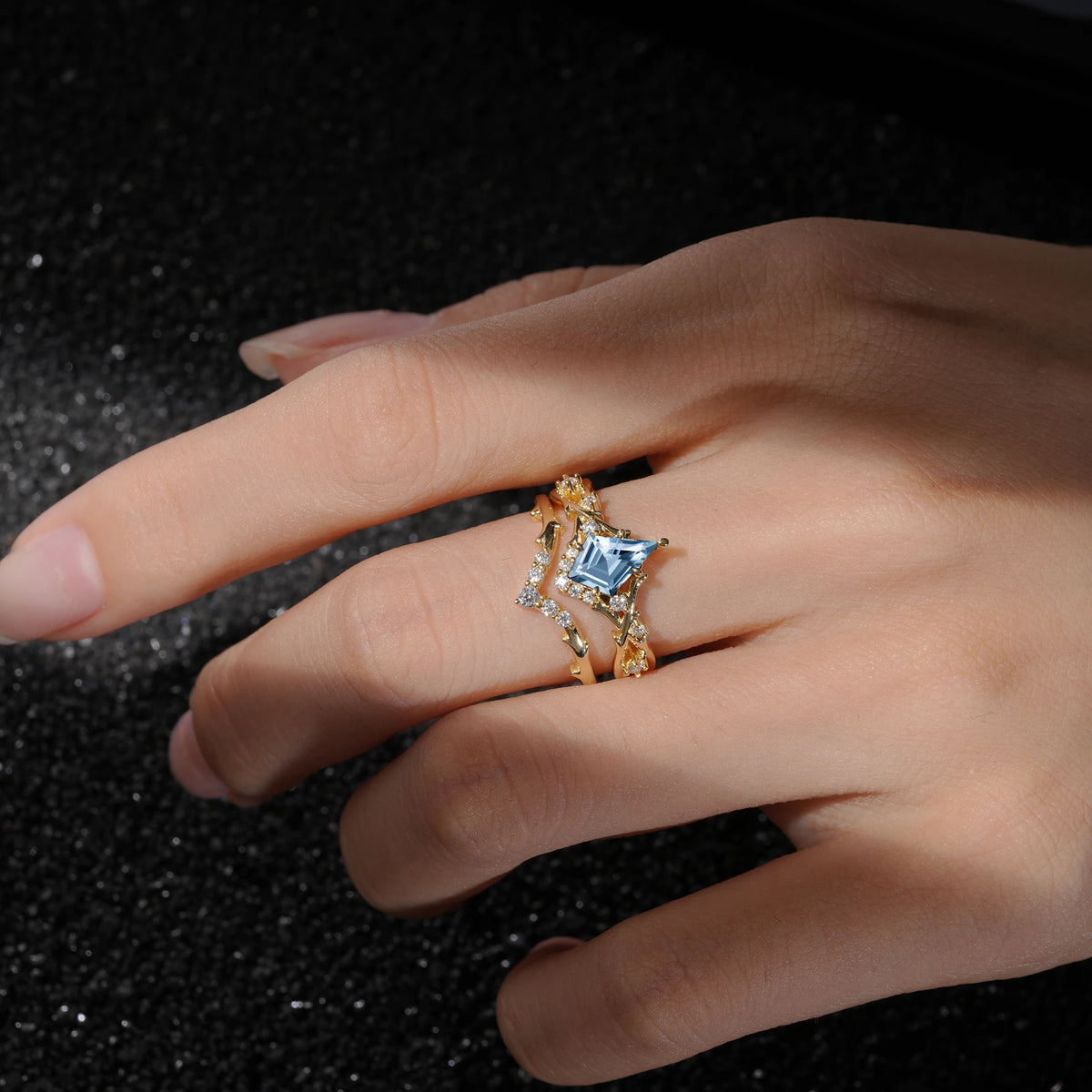 Natural Inspired Kite-Cut Aquamarine Bridal Ring Set