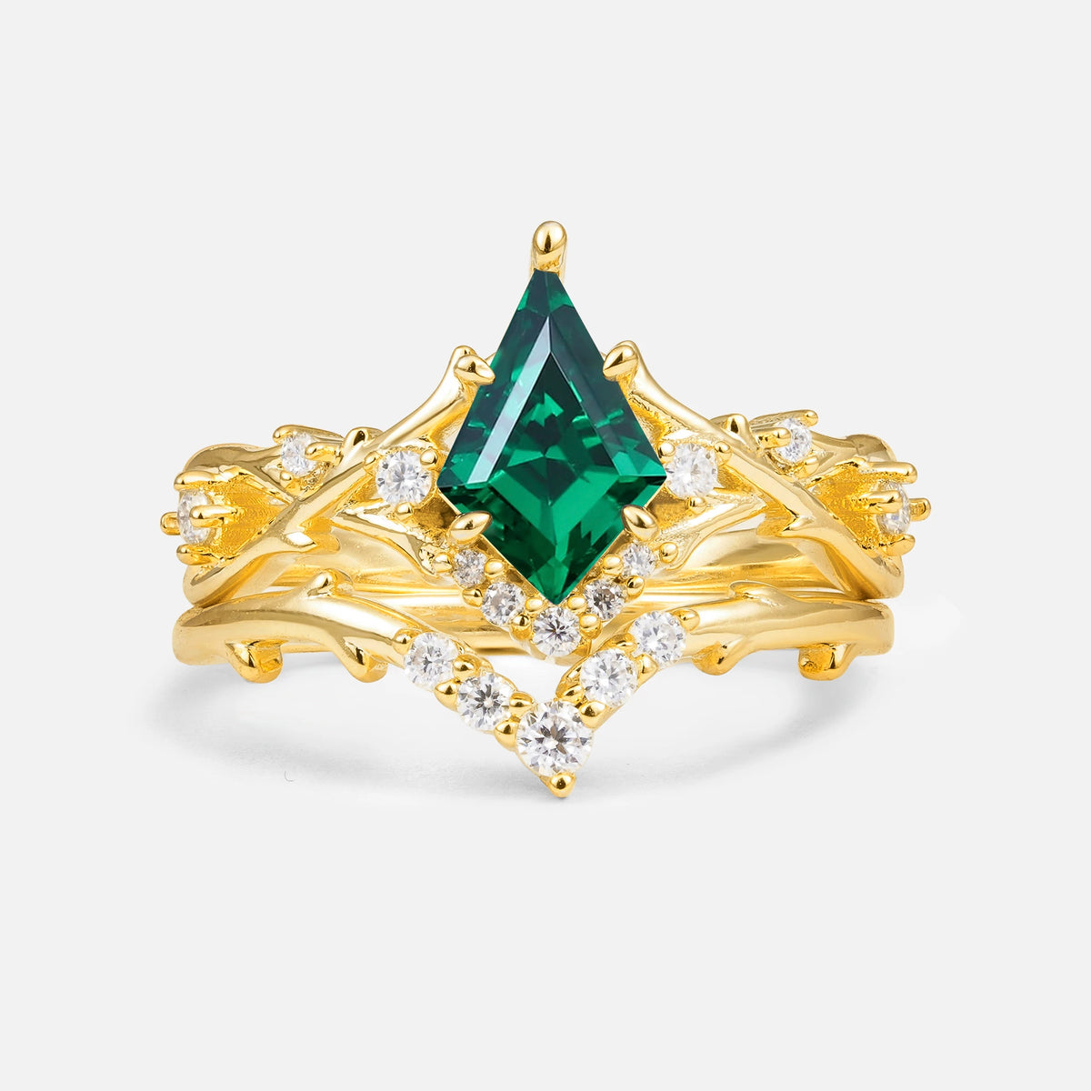 Natural Inspired Kite-Cut Emerald Bridal Ring Set