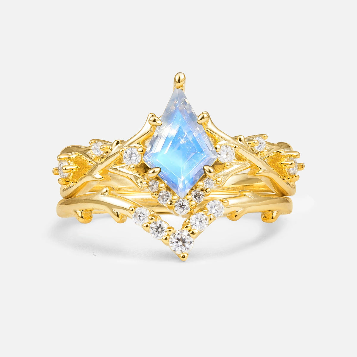 Natural Inspired Kite-Cut Moonstone Bridal Ring Set