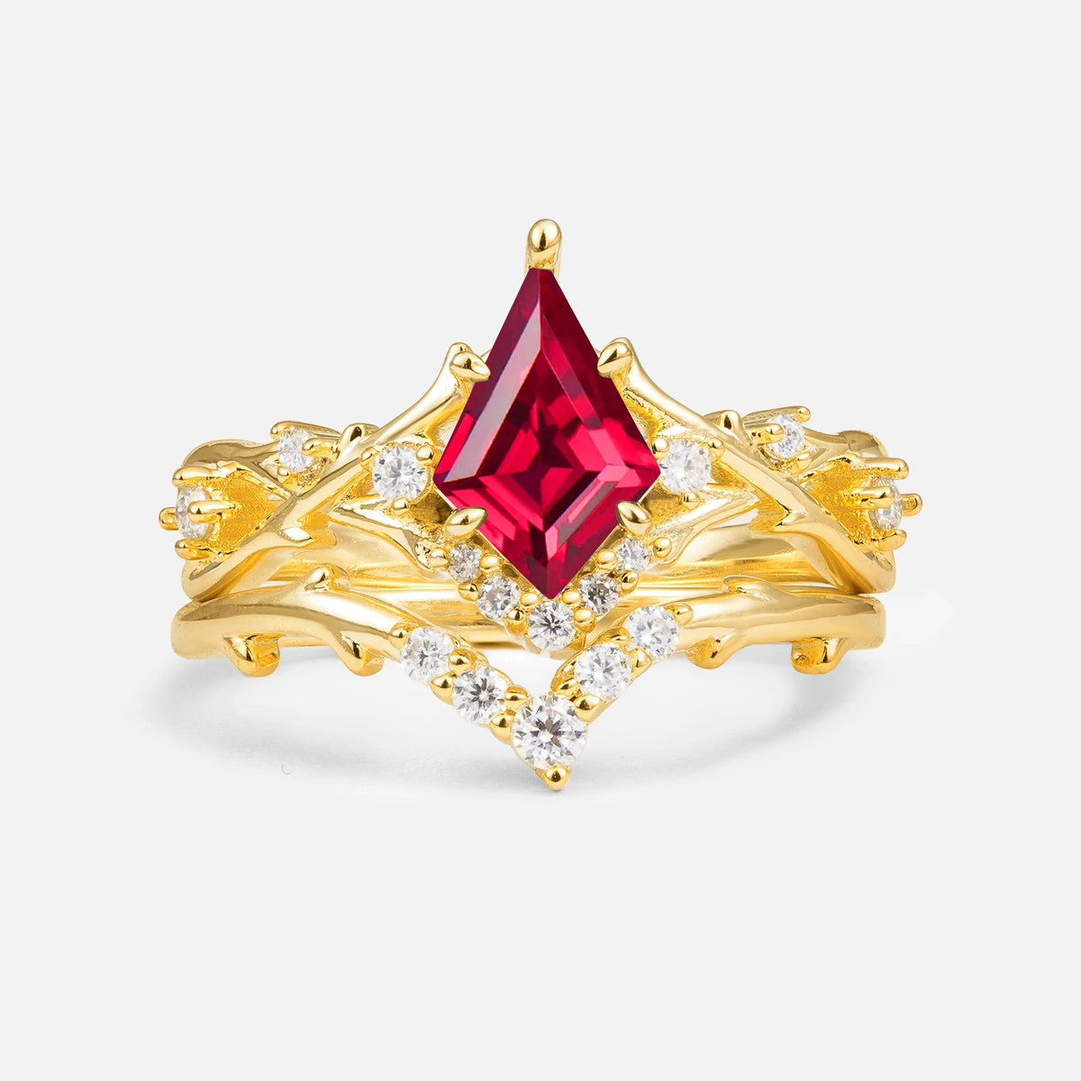 Natural Inspired Kite-Cut Ruby Bridal Ring Set