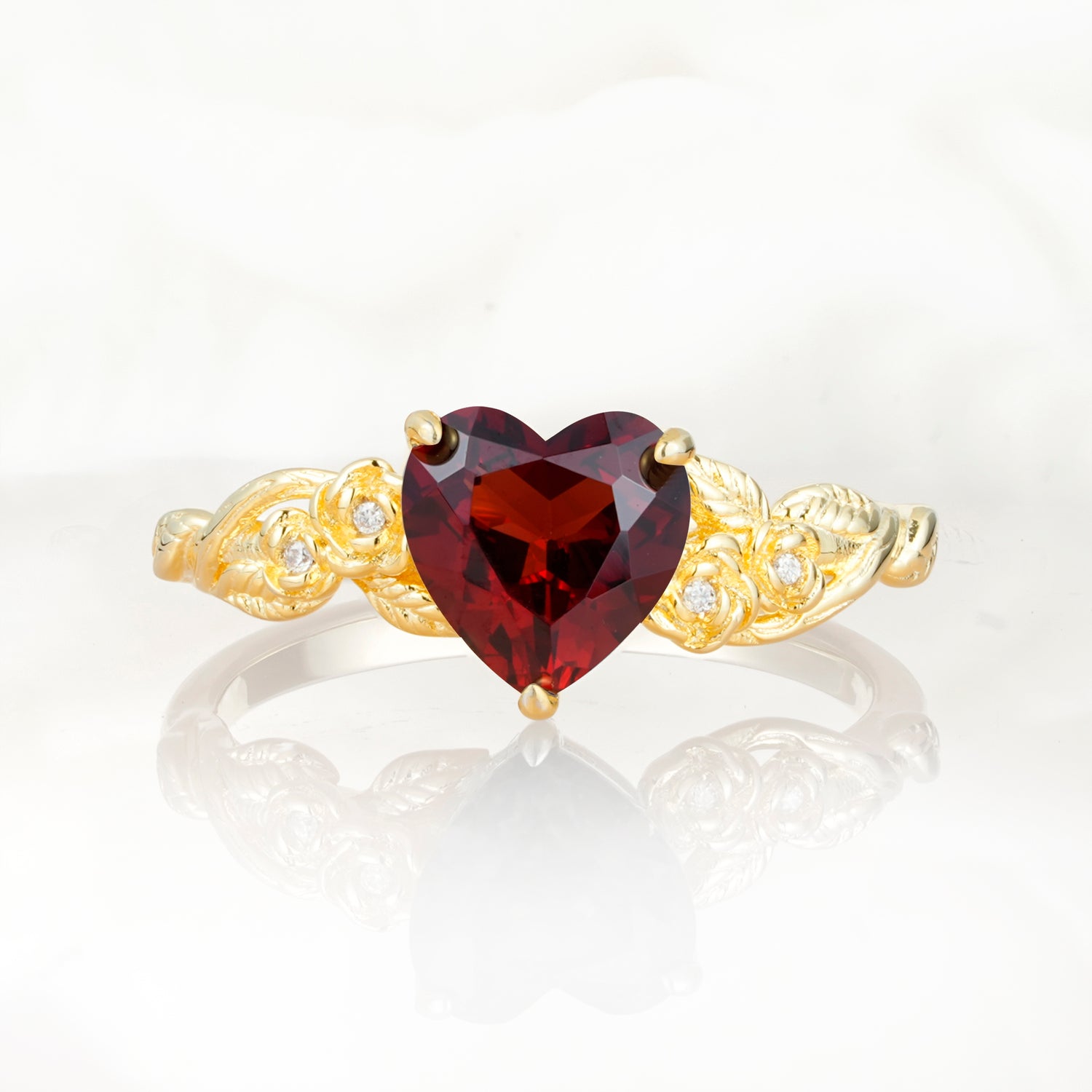Nature Inspired Filigree Heart Cut Garnet Promise Ring
