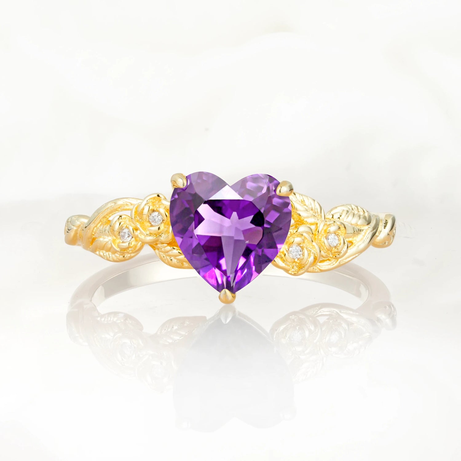 Nature Inspired Filigree Heart Cut Amethyst Promise Ring