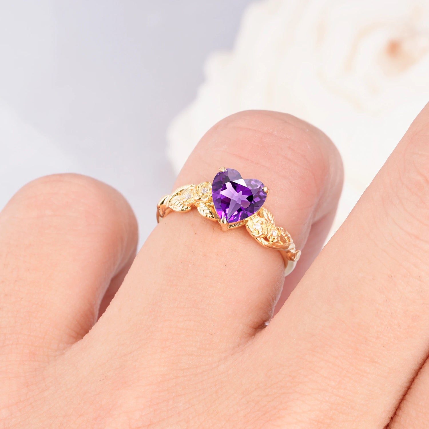 Nature Inspired Filigree Heart Cut Amethyst Promise Ring