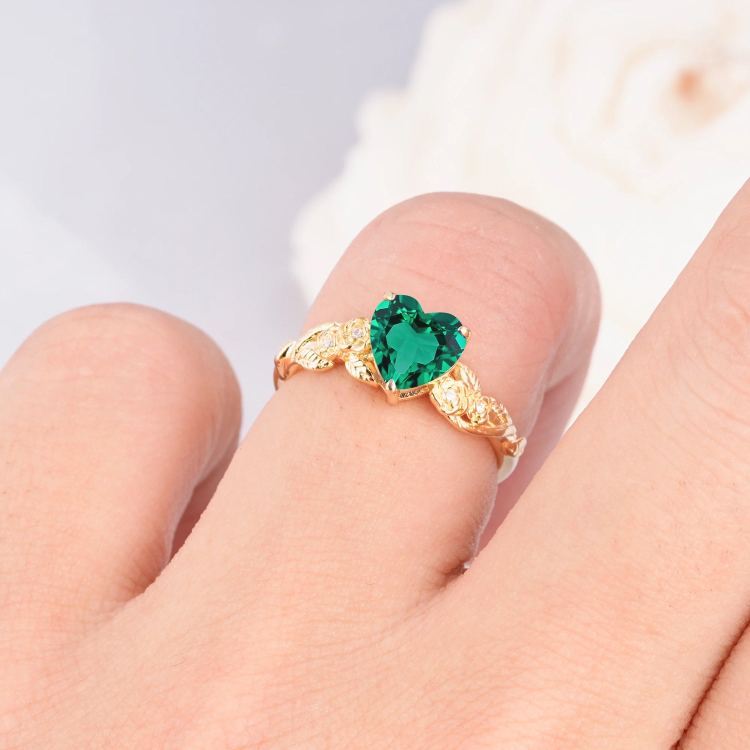 Nature Inspired Filigree Heart Cut Emerald Promise Ring