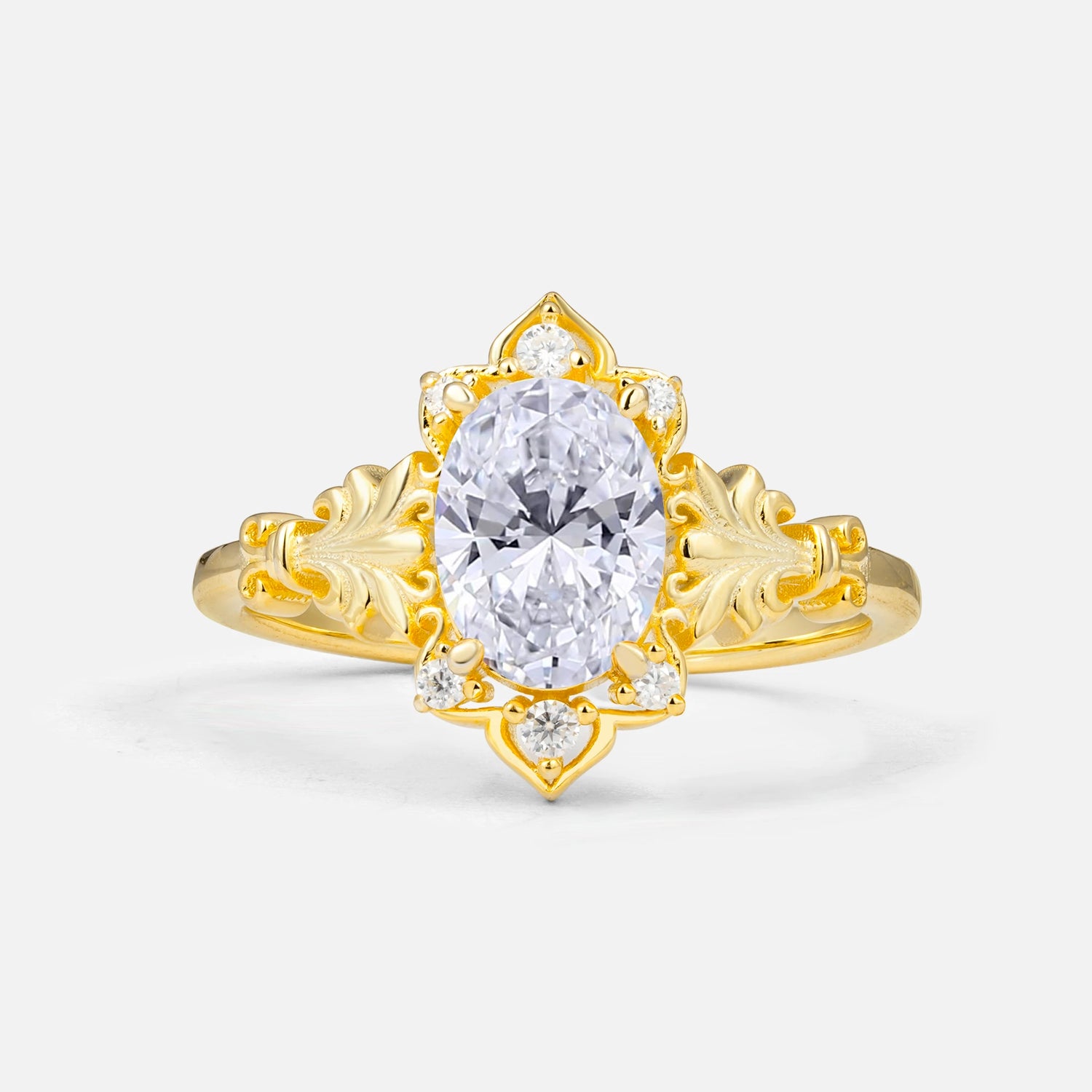 Antique Oval Cut Leaf Lab-Grown Diamond Engagement Ring