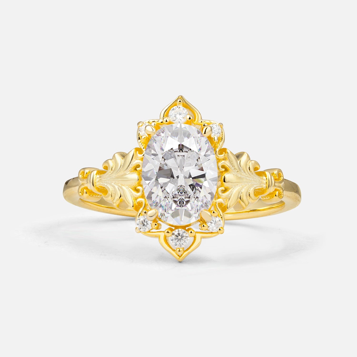Antique Oval Cut Leaf Moissanite Engagement Ring