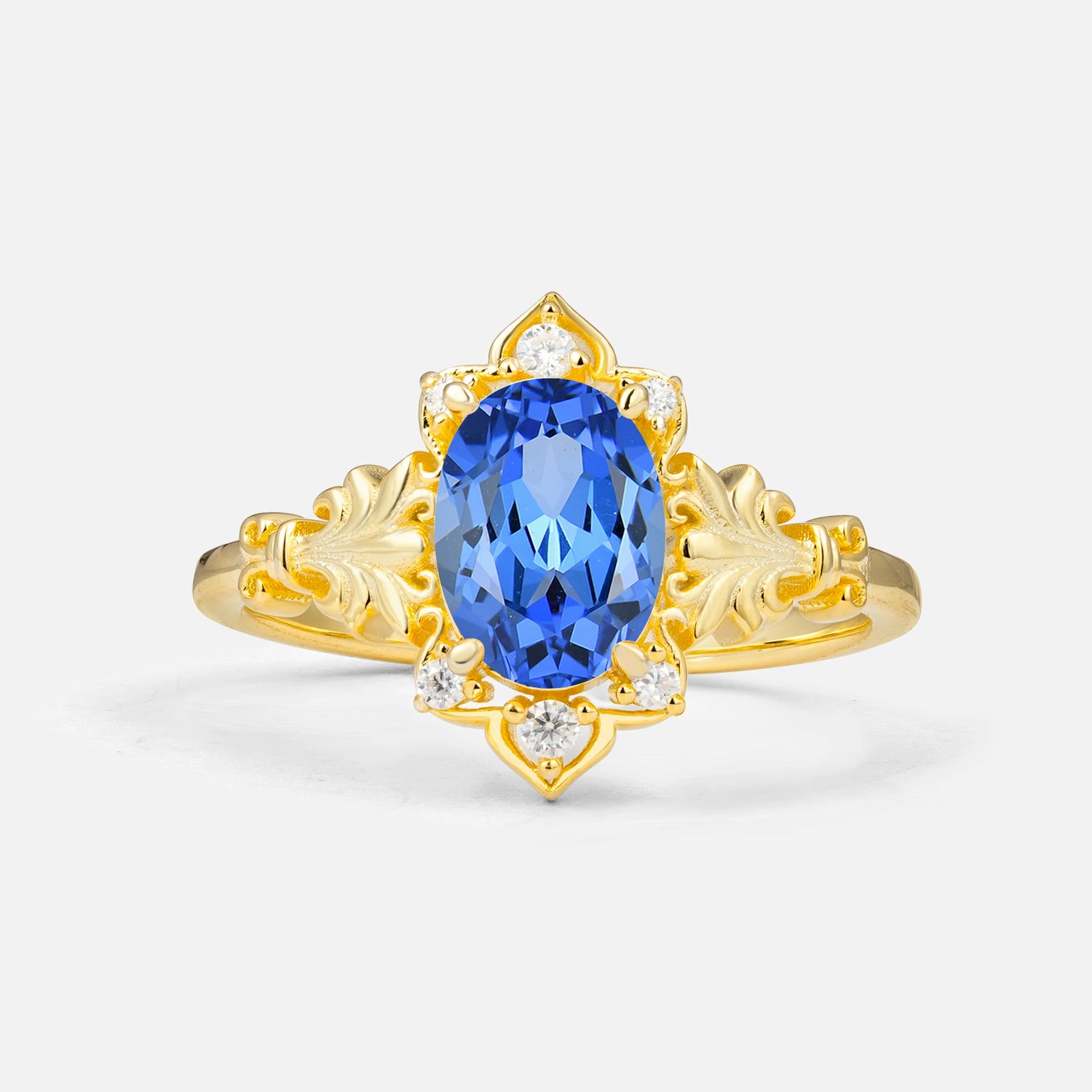 Antique Oval Cut Leaf Sapphire Engagement Ring
