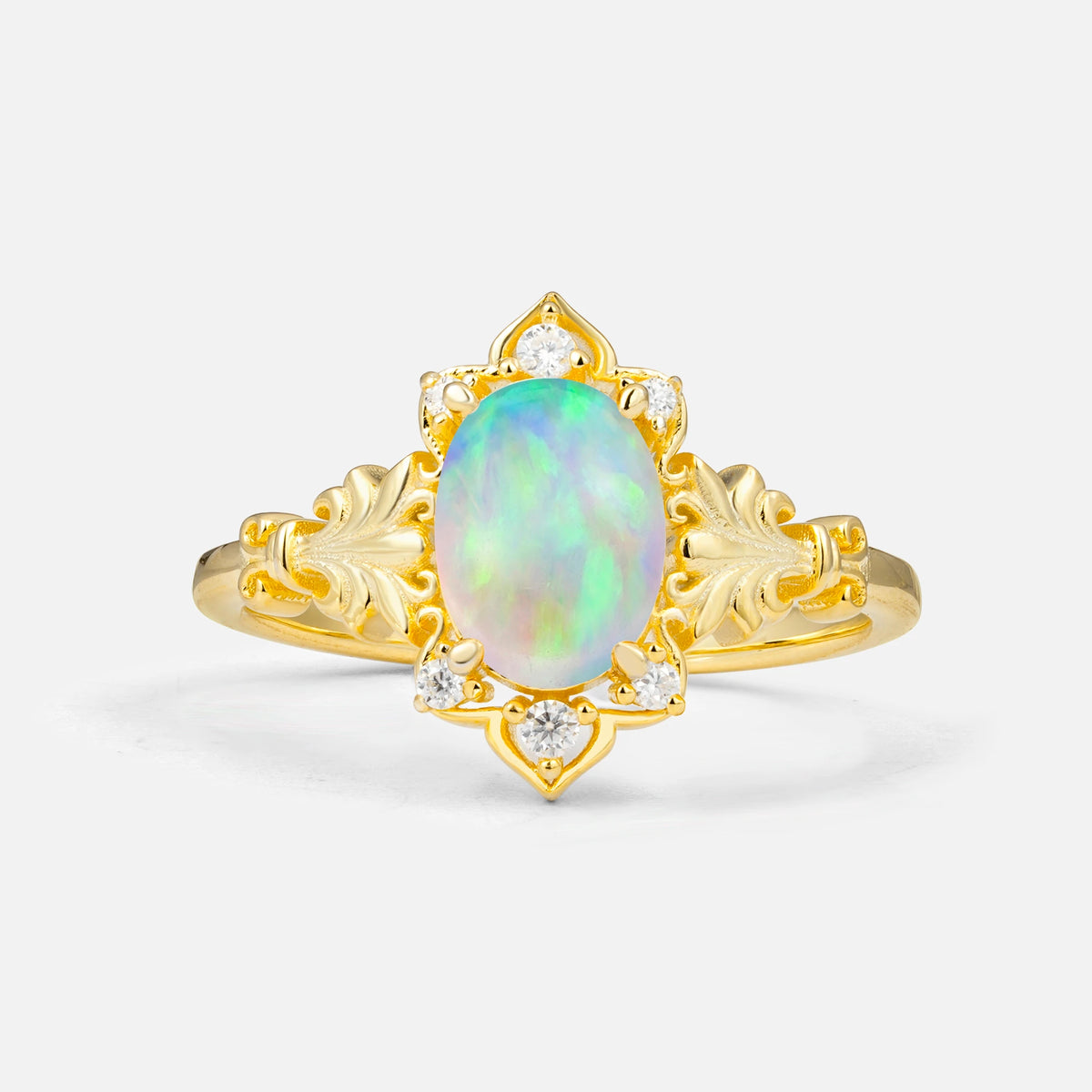 Antique Oval Cut Leaf Fire Opal Engagement Ring