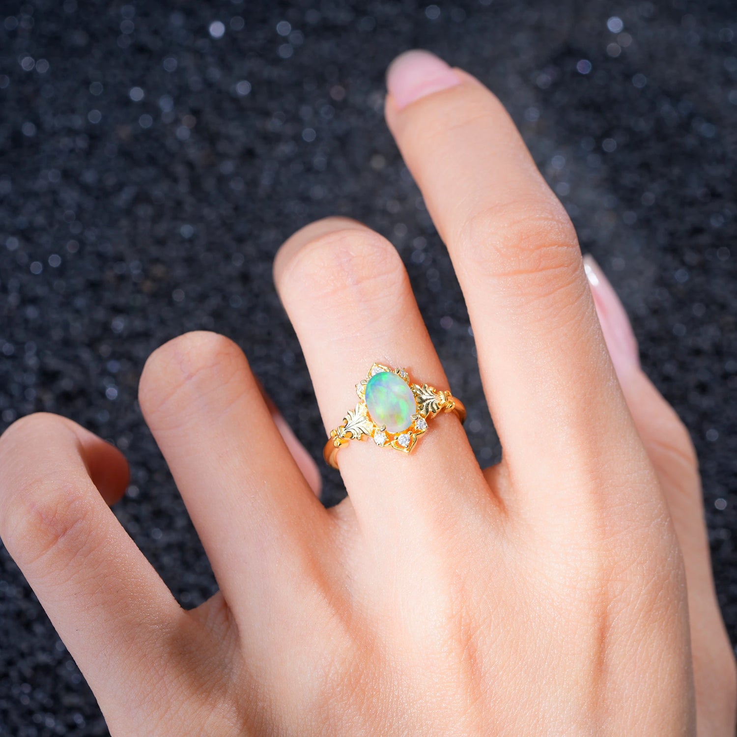 Antique Oval Cut Leaf Fire Opal Engagement Ring
