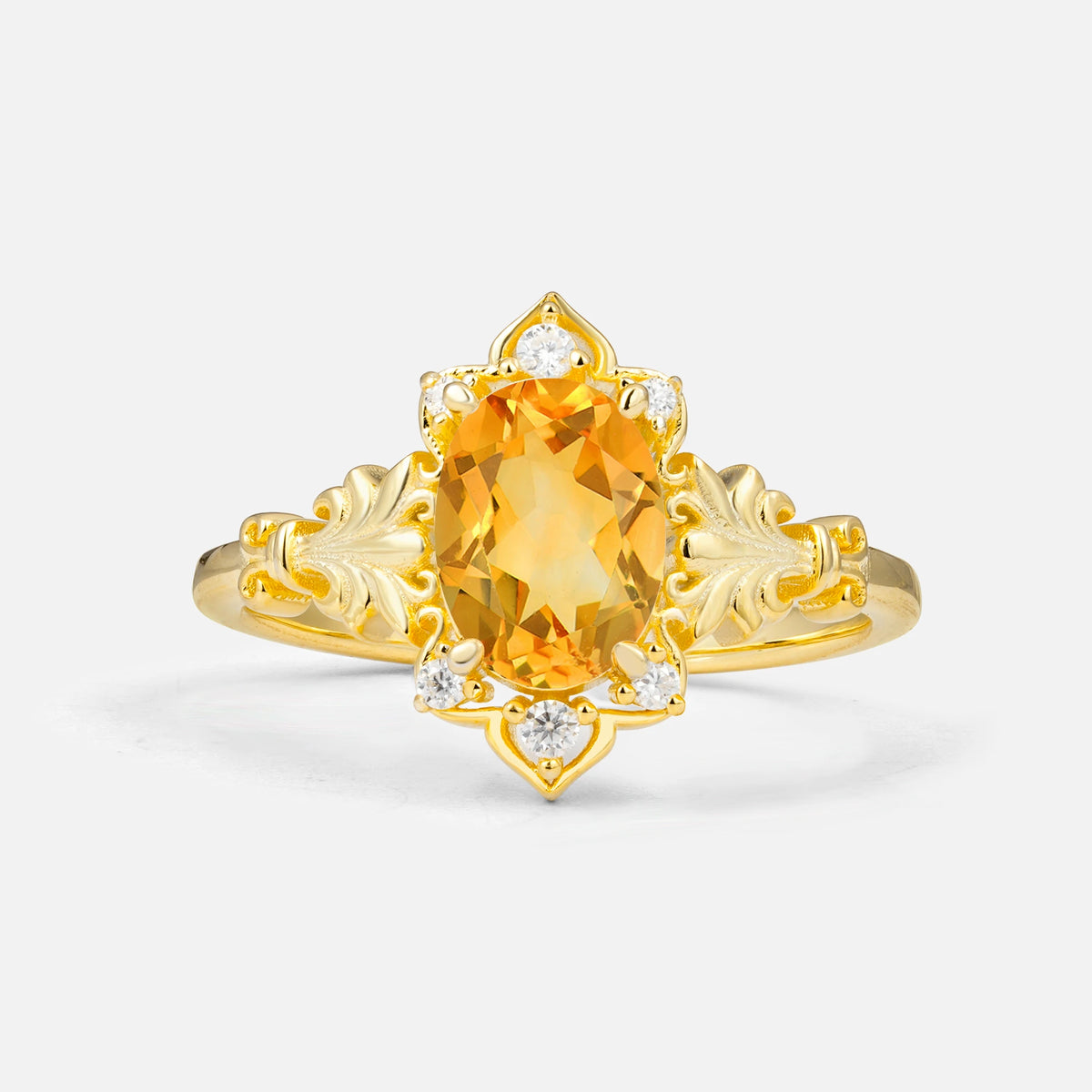 Antique Oval Cut Leaf Citrine Engagement Ring
