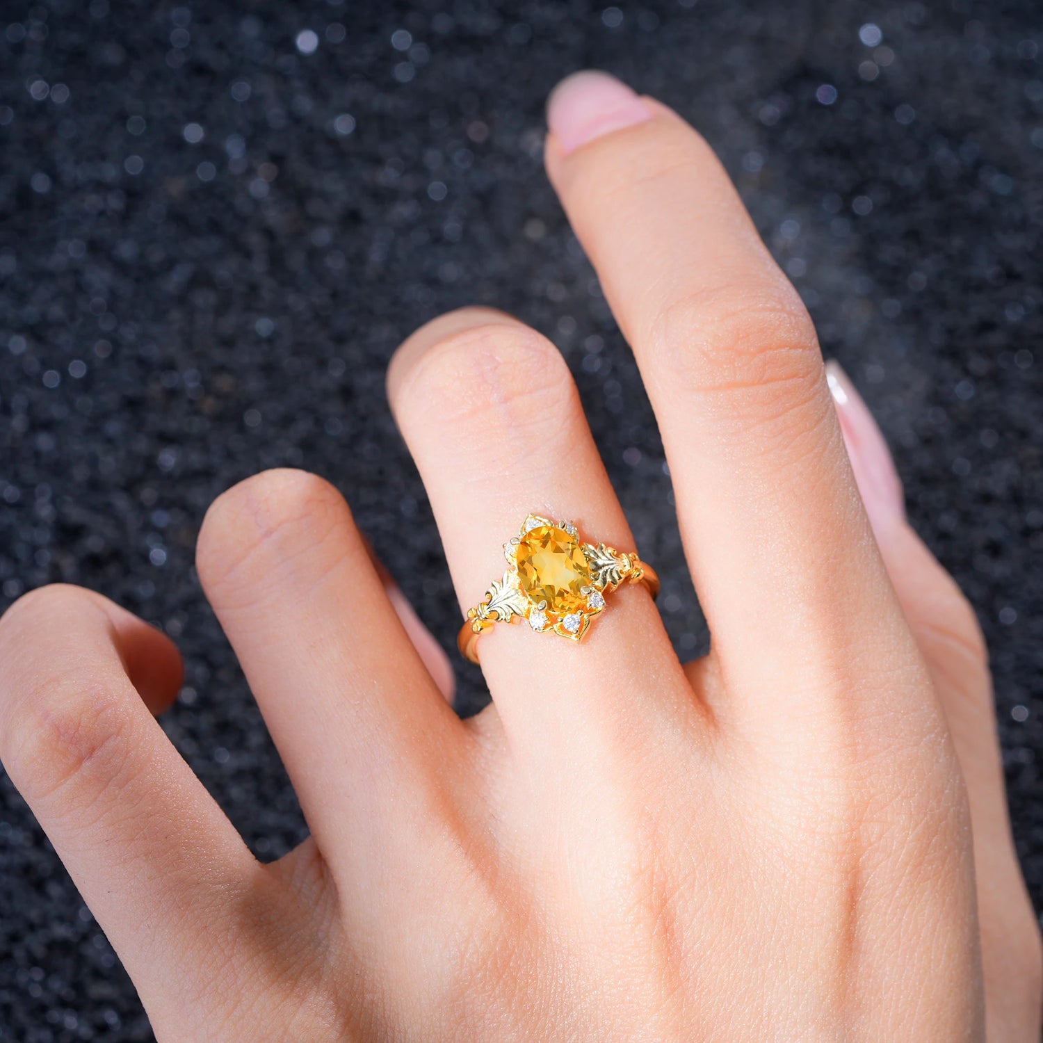 Antique Oval Cut Leaf Citrine Engagement Ring