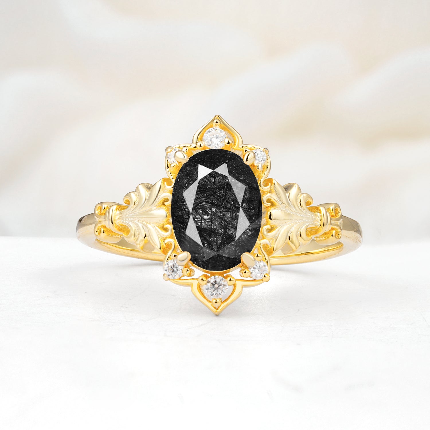 SR17618 Black Rutilated Quartz Ring - Yellow-Gold