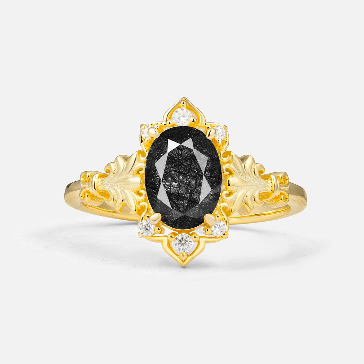 Antique Oval Cut Leaf Black Rutilated Quartz Engagement Ring
