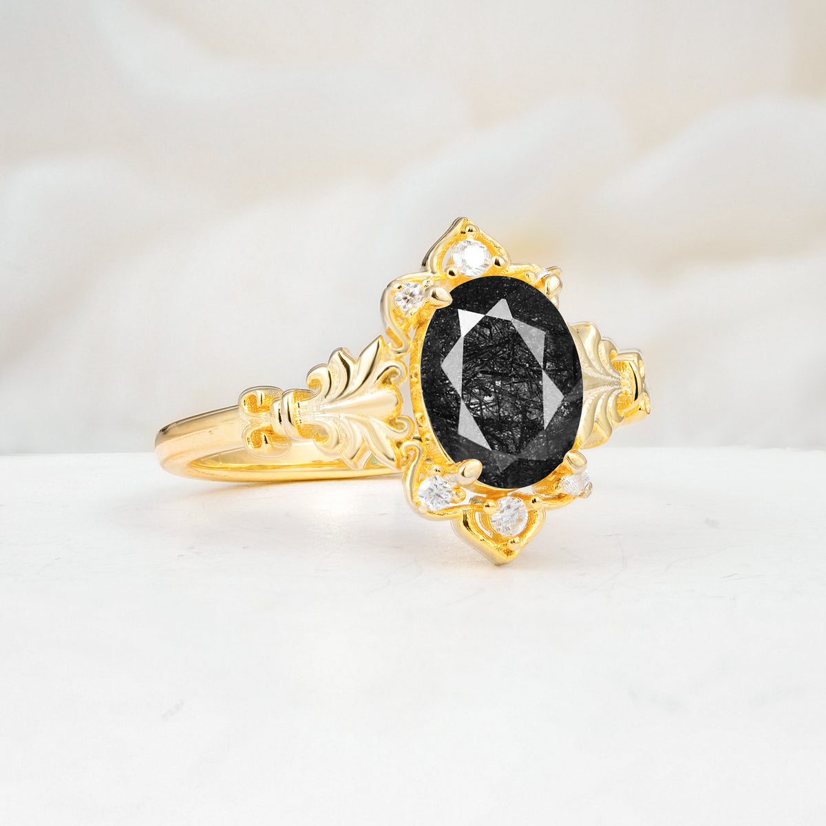 SR17618 Black Rutilated Quartz Ring - White-Gold