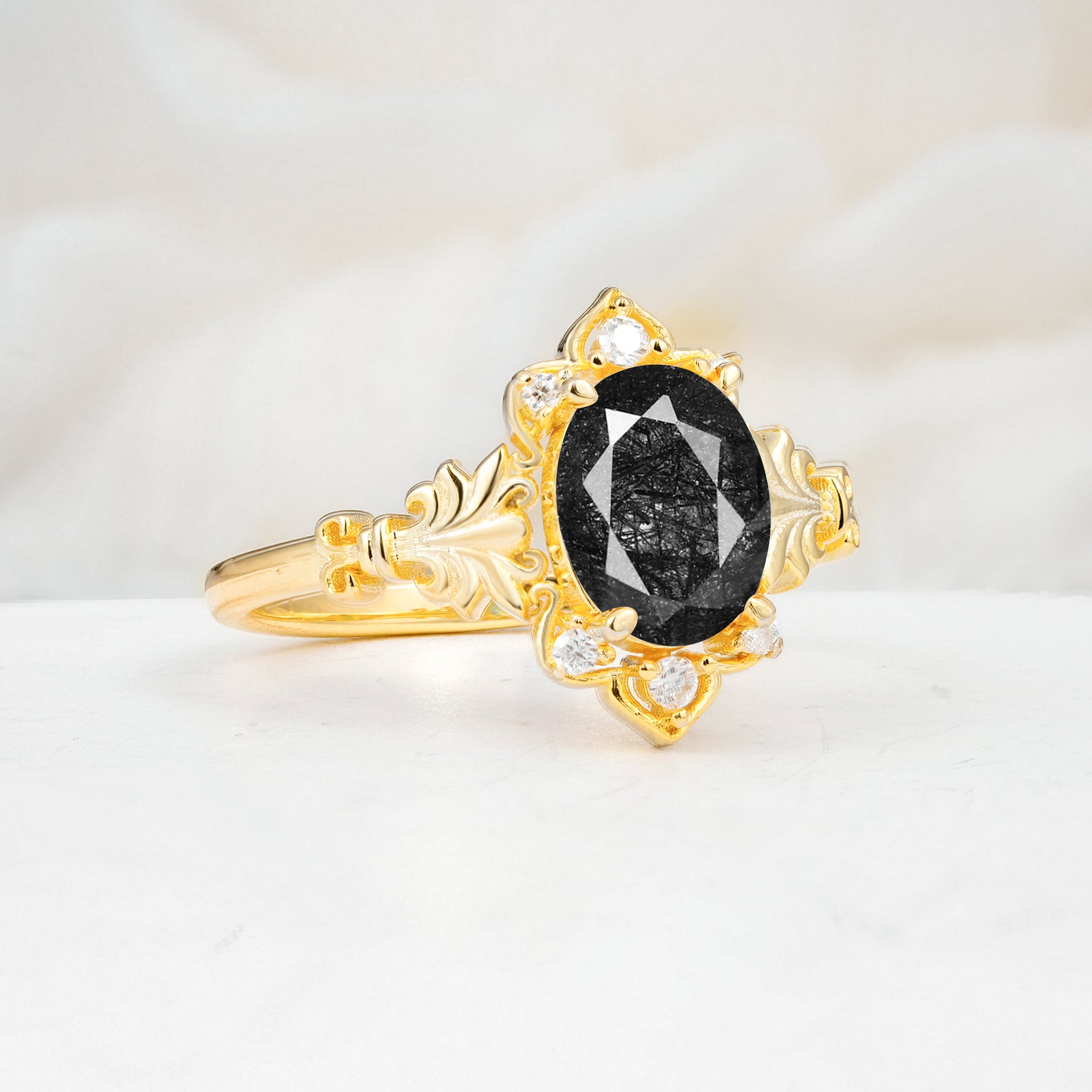 SR17618 Black Rutilated Quartz Ring - White-Gold