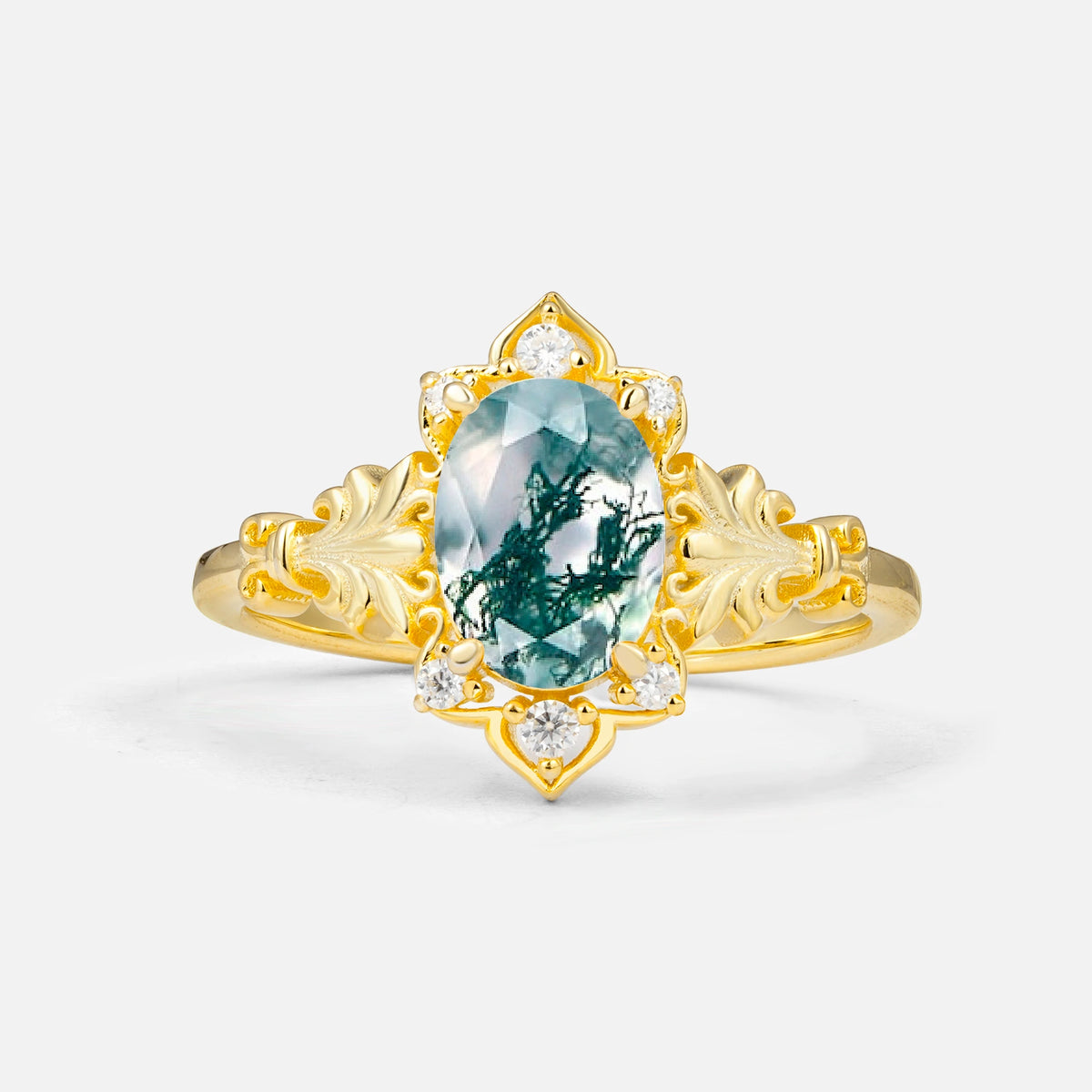 Antique Oval Cut Leaf Moss Agate Engagement Ring