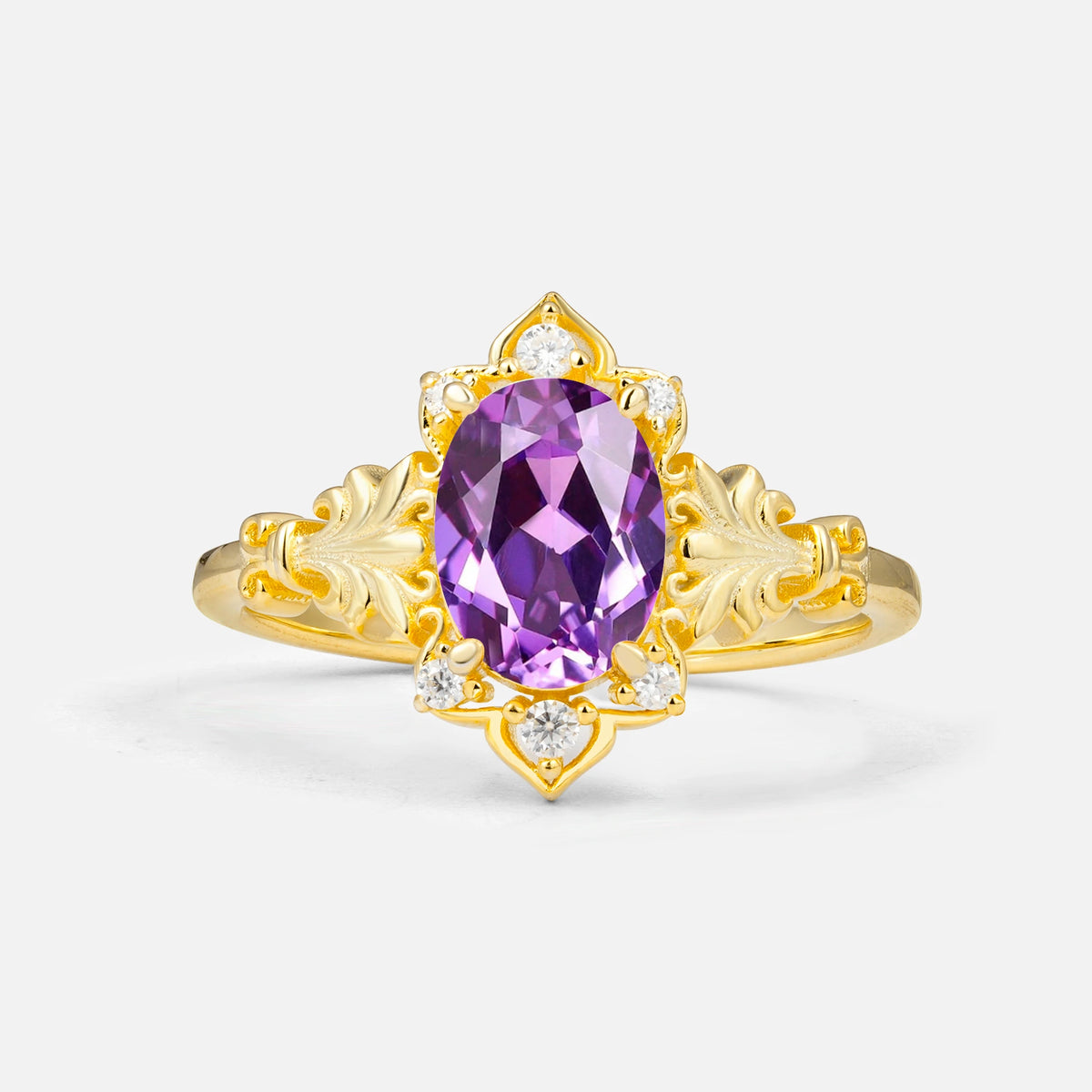 Antique Oval Cut Leaf Amethyst Engagement Ring