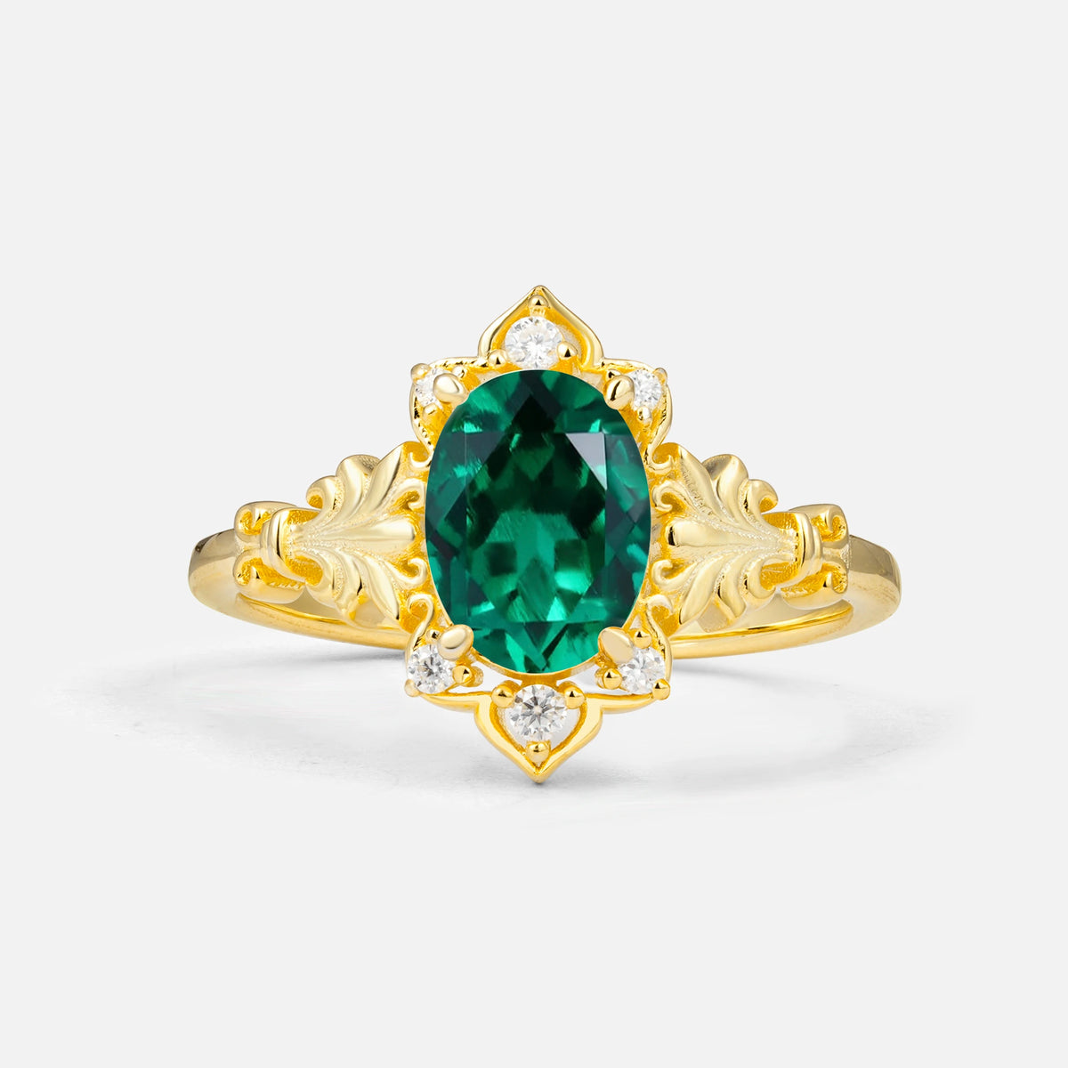 Antique Oval Cut Leaf Emerald Engagement Ring