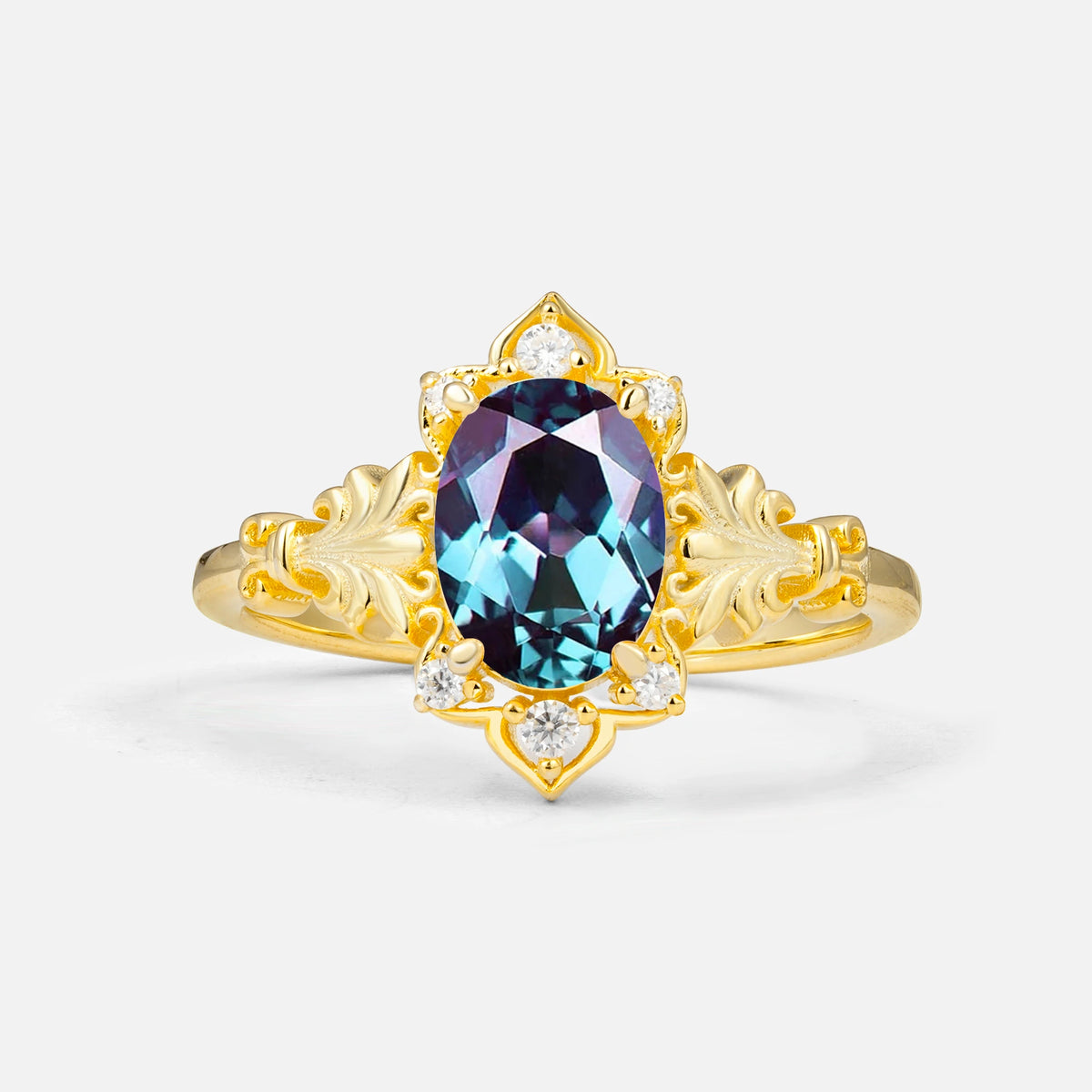 Antique Oval Cut Leaf Alexandrite Engagement Ring