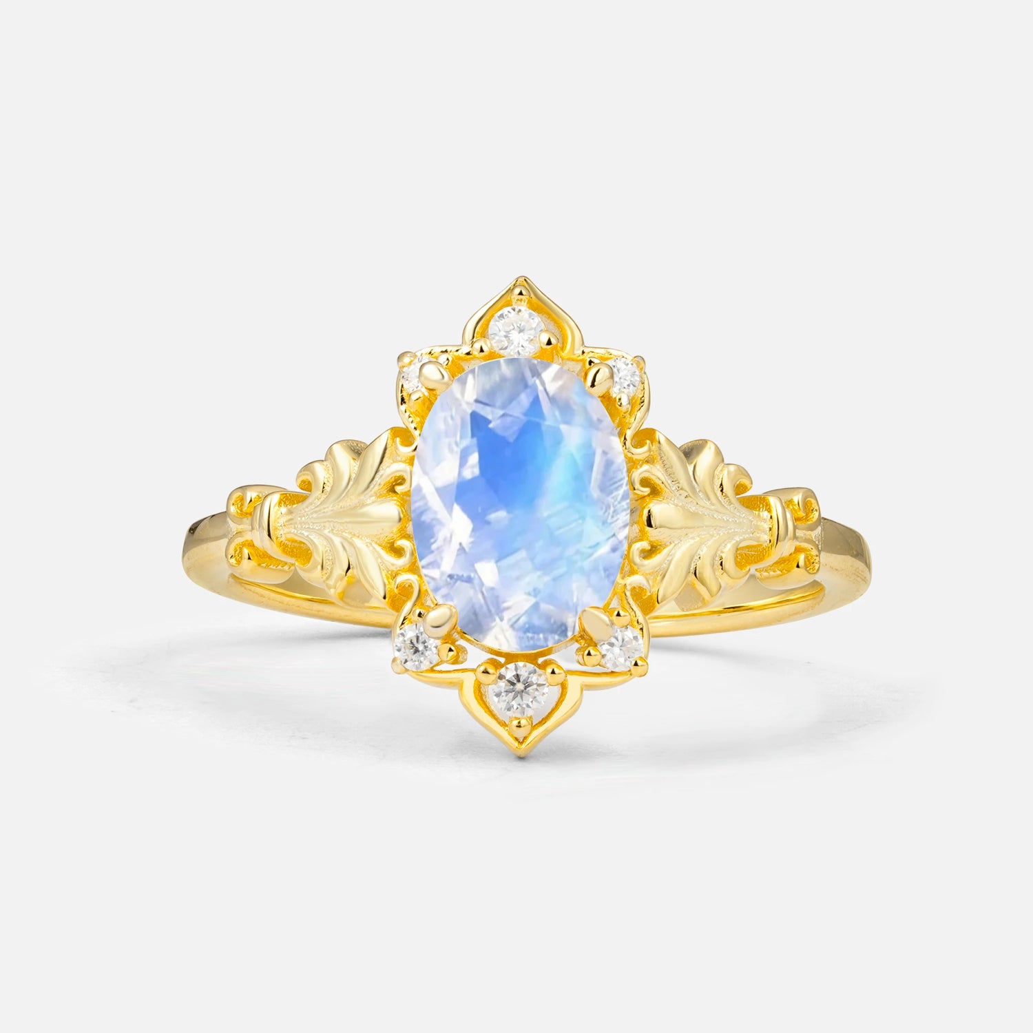 Antique Oval Cut Leaf Moonstone Engagement Ring