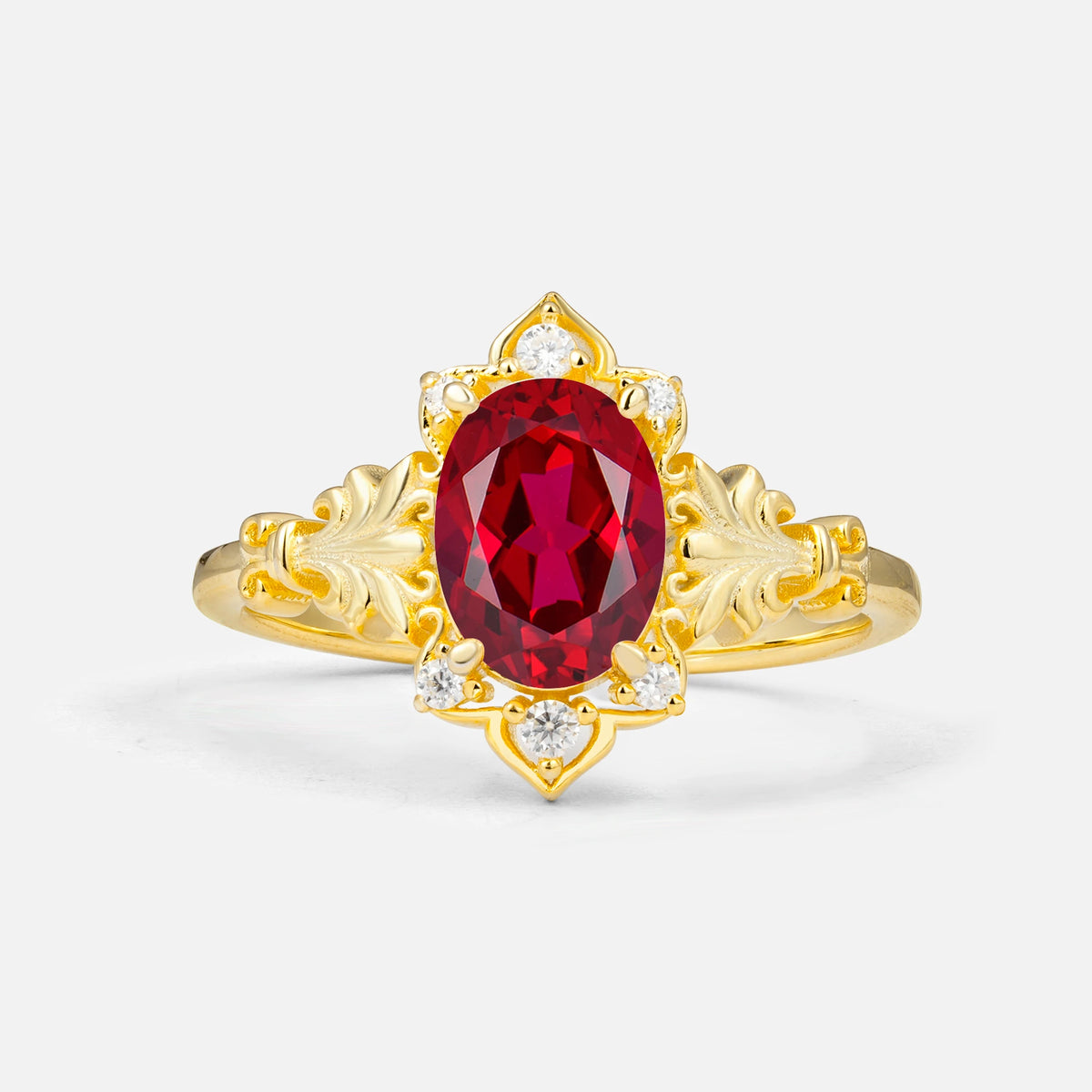 Antique Oval Cut Leaf Ruby Engagement Ring