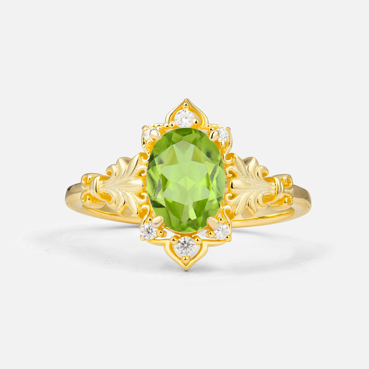 Antique Oval Cut Leaf Peridot Engagement Ring