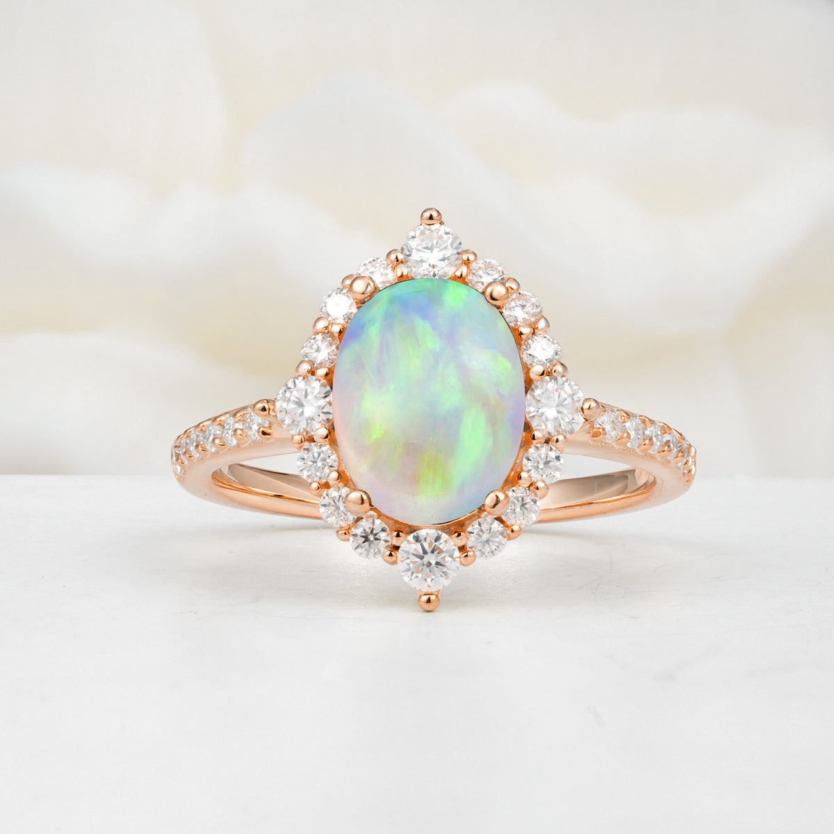 Luxurious Oval Cut Double Halo Pavé Band Fire Opal Engagement Ring - Additional view