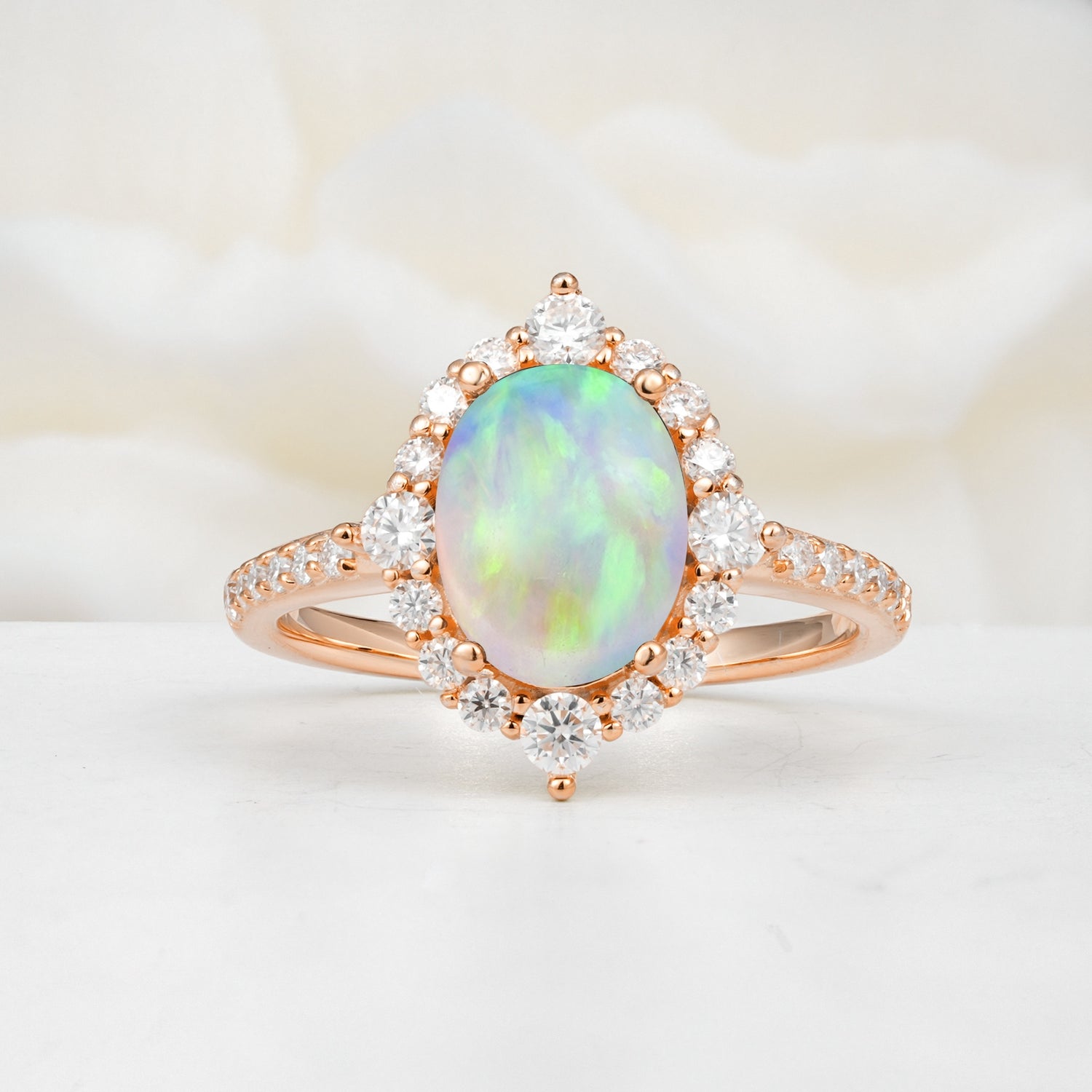 Luxurious Oval Cut Double Halo Pavé Band Fire Opal Engagement Ring - Additional view
