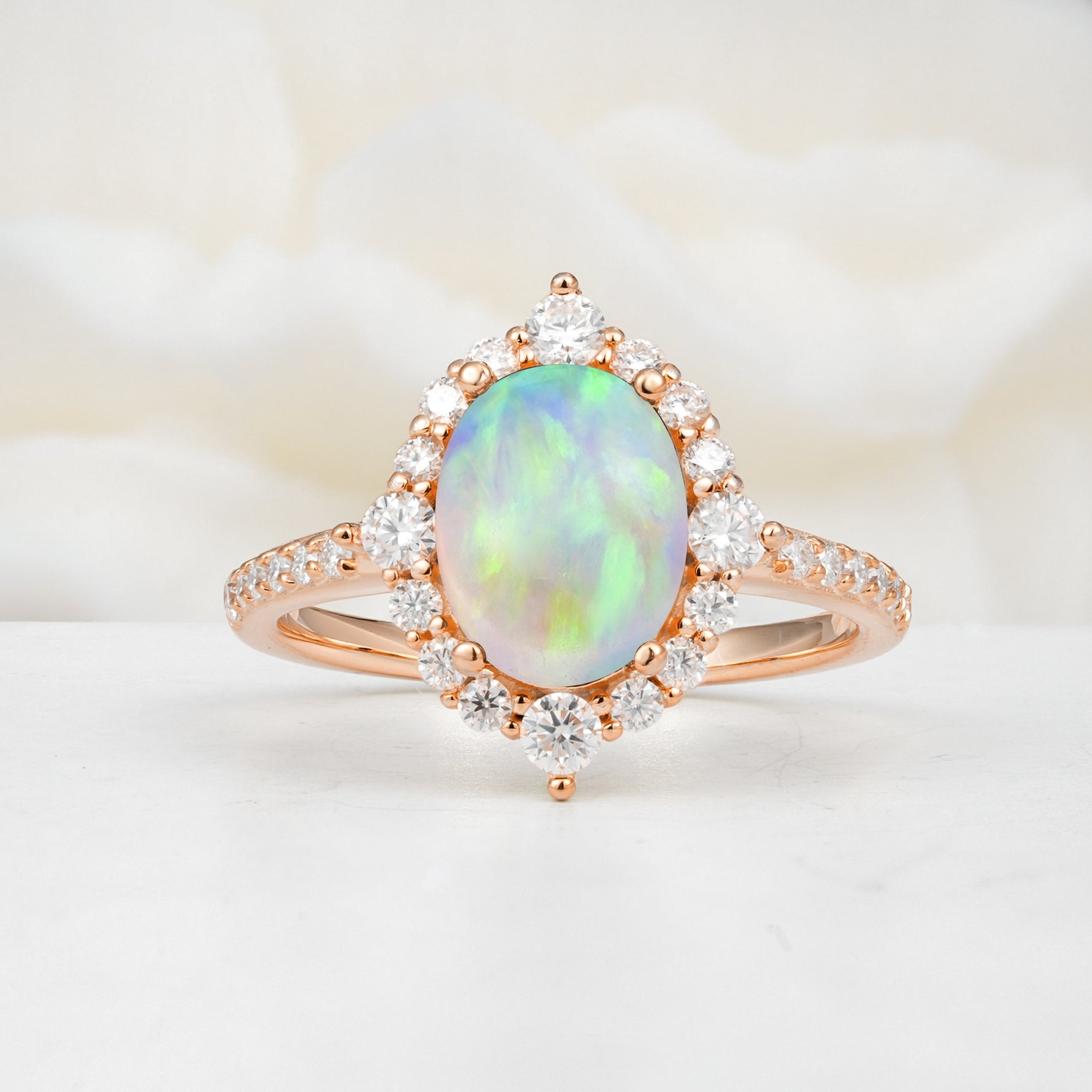 Luxurious Oval Cut Double Halo Pavé Band Fire Opal Engagement Ring - Additional view