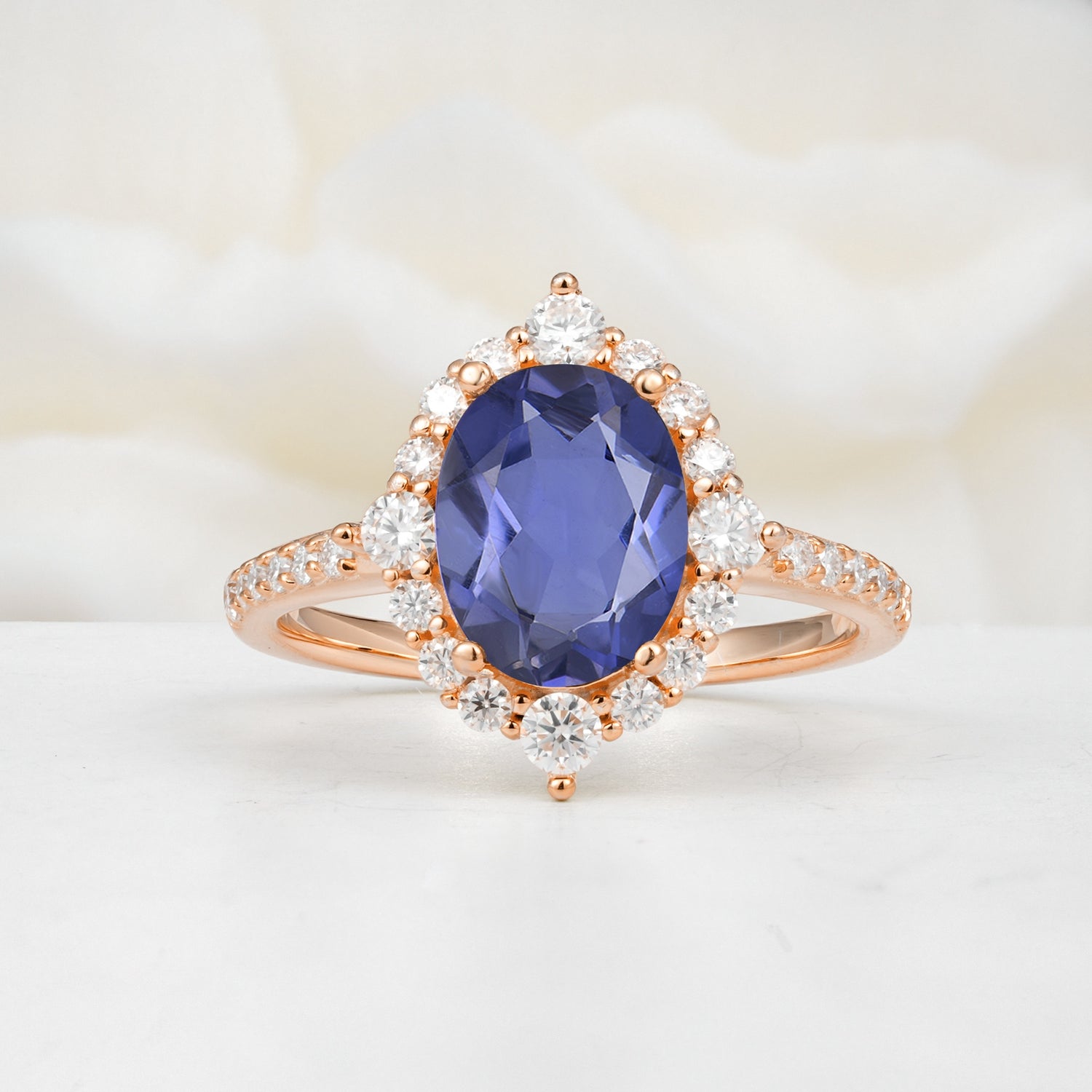 Luxurious Oval Cut Double Halo Pavé Band Tanzanite Engagement Ring - Additional view