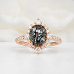 Luxurious Oval Cut Double Halo Pavé Band Black Rutilated Quartz Engagement Ring - Additional view