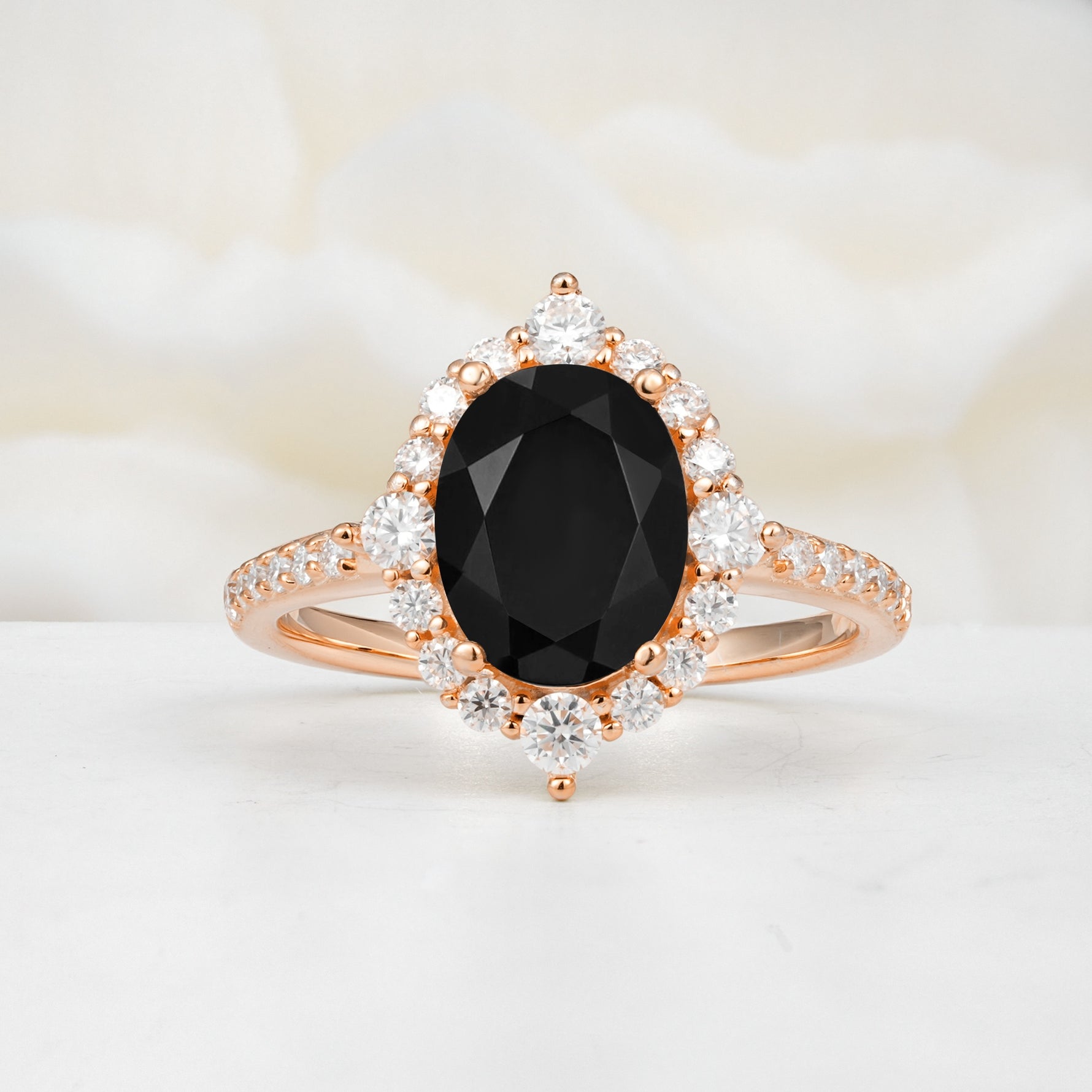 Luxurious Oval Cut Double Halo Pavé Band Black Onyx Engagement Ring - Additional view
