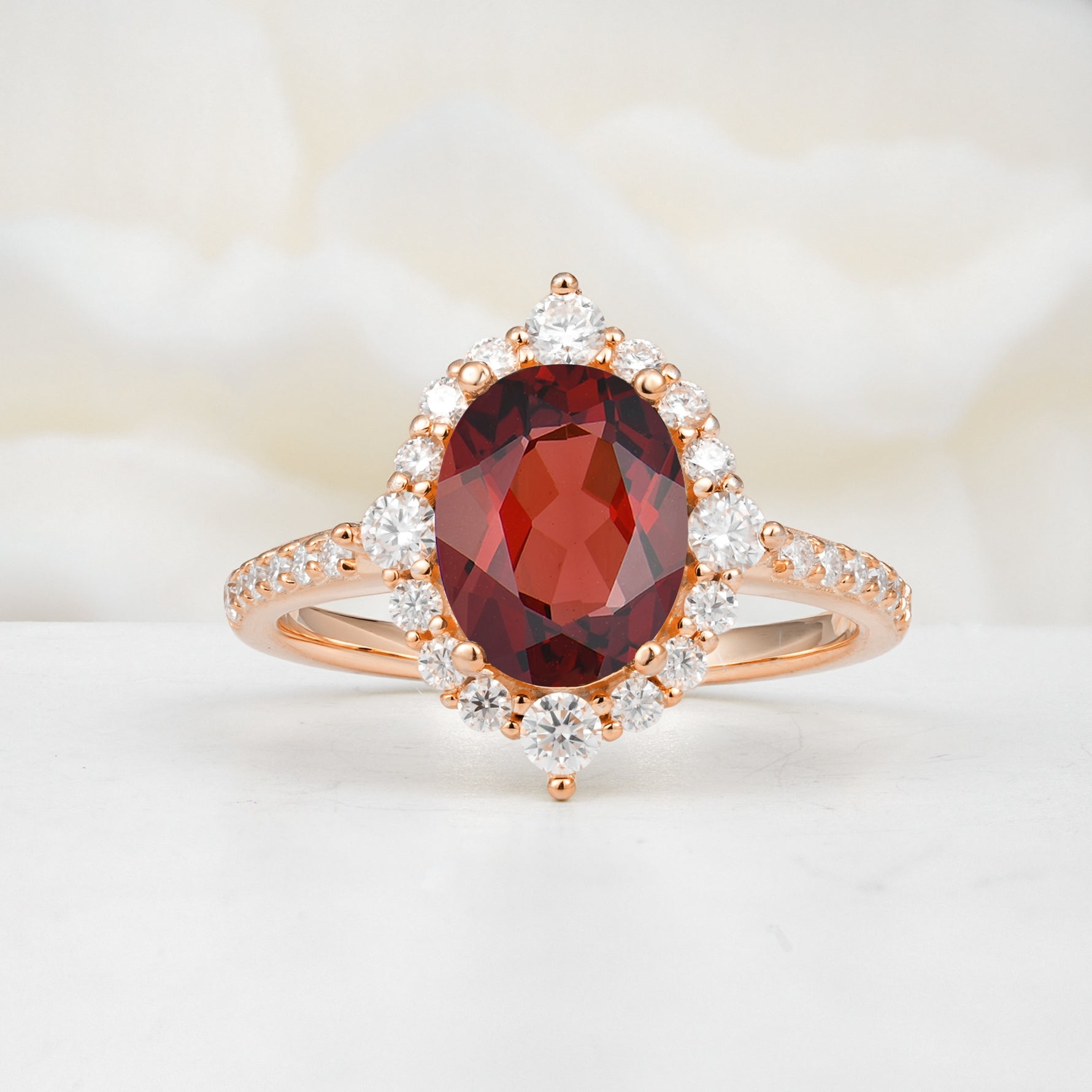 Luxurious Oval Cut Double Halo Pavé Band Garnet Engagement Ring - Additional view