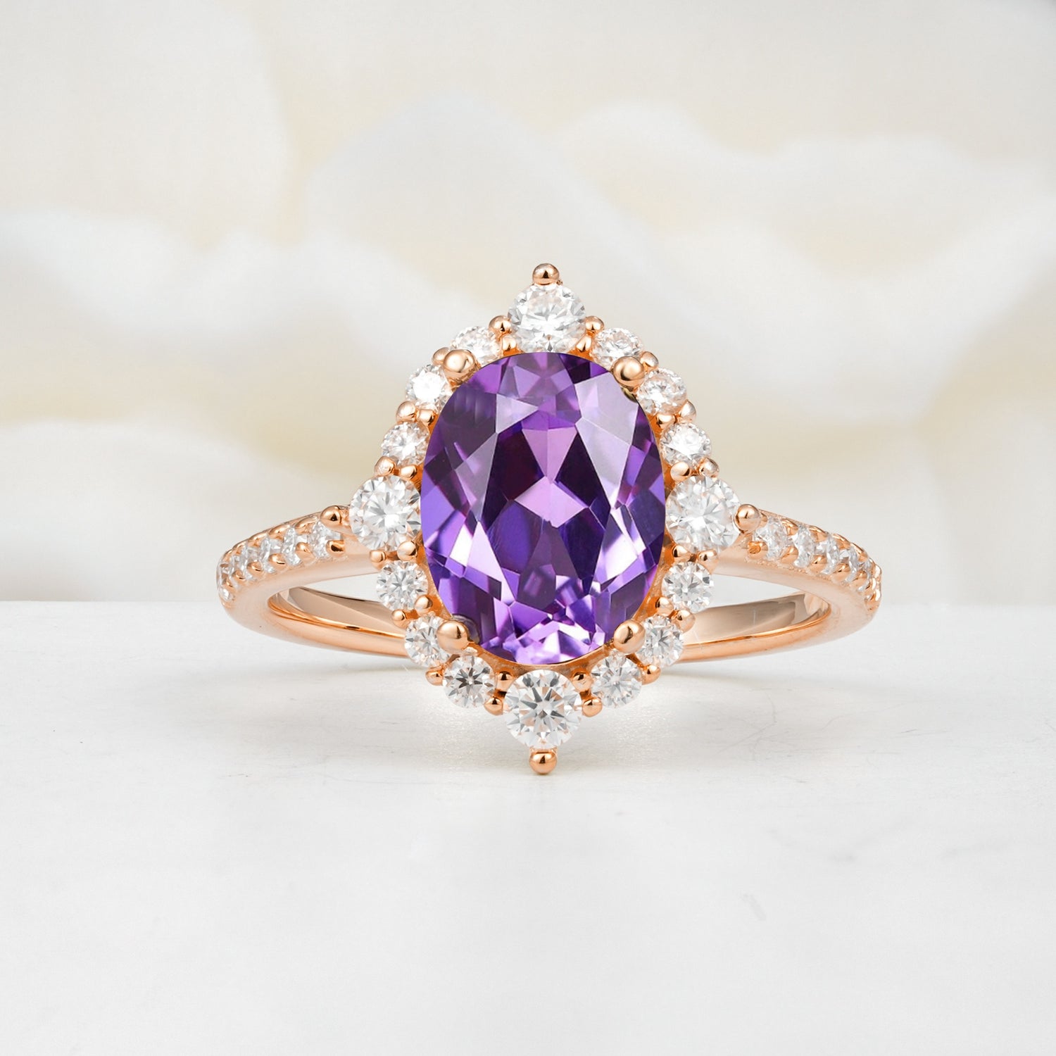 Luxurious Oval Cut Double Halo Pavé Band Amethyst Engagement Ring - Additional view