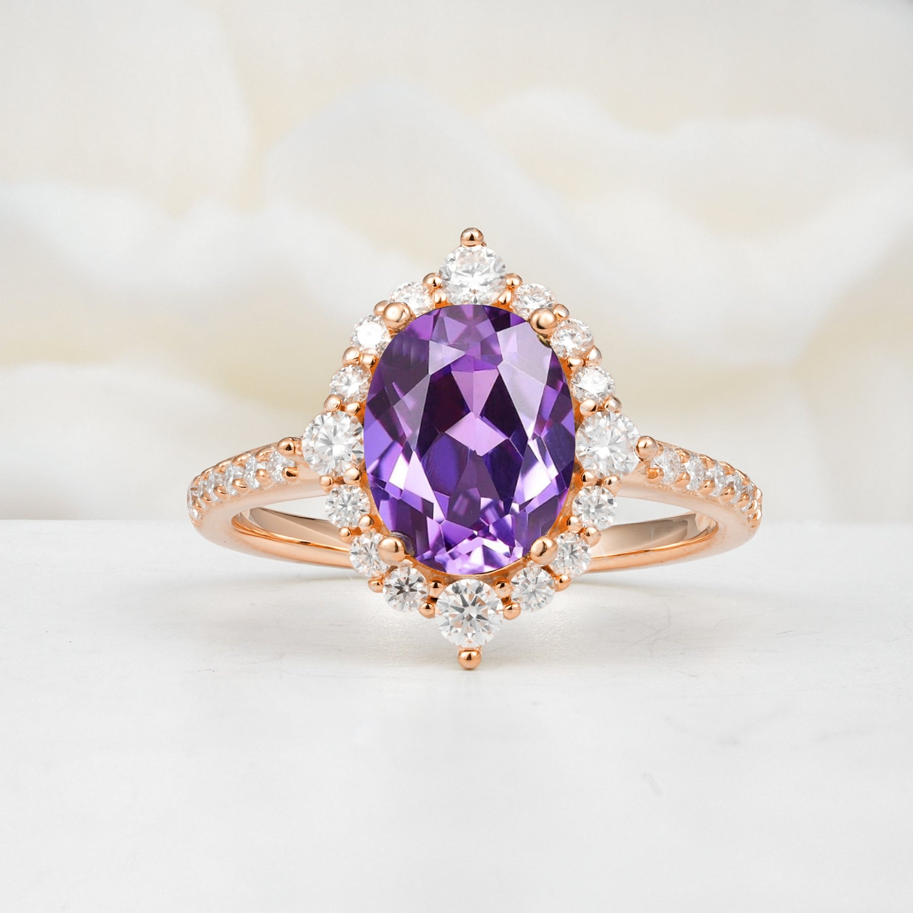 Luxurious Oval Cut Double Halo Pavé Band Amethyst Engagement Ring - Additional view