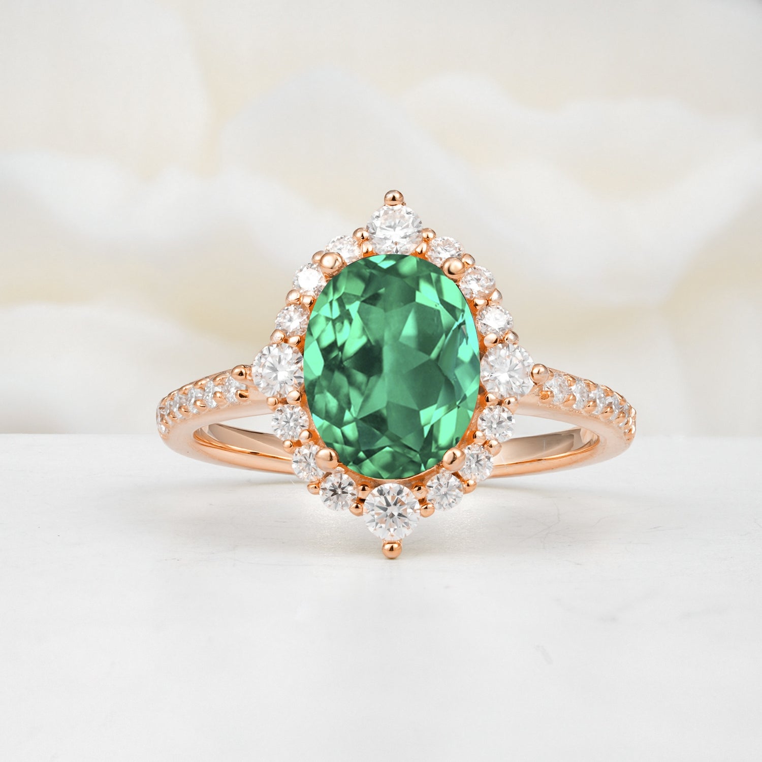 Luxurious Oval Cut Double Halo Pavé Band Emerald Engagement Ring - Additional view