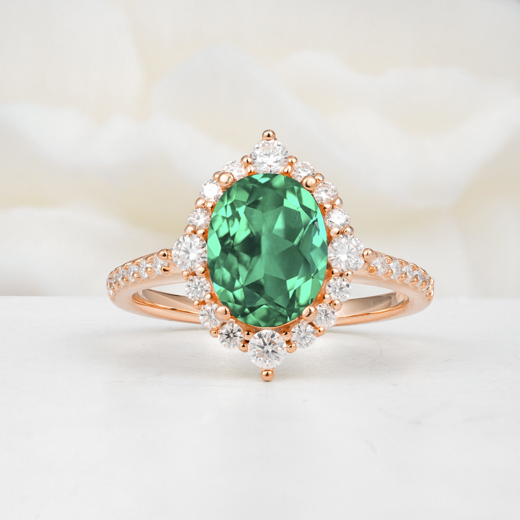 Luxurious Oval Cut Double Halo Pavé Band Emerald Engagement Ring - Additional view