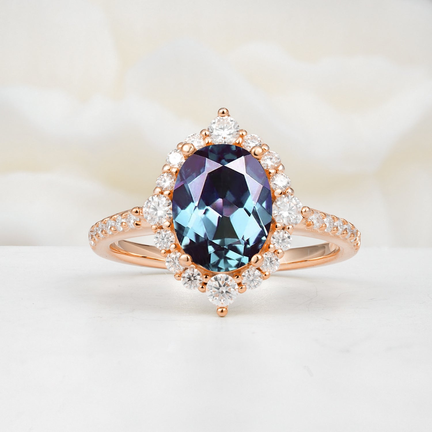 Luxurious Oval Cut Double Halo Pavé Band Alexandrite Engagement Ring - Additional view