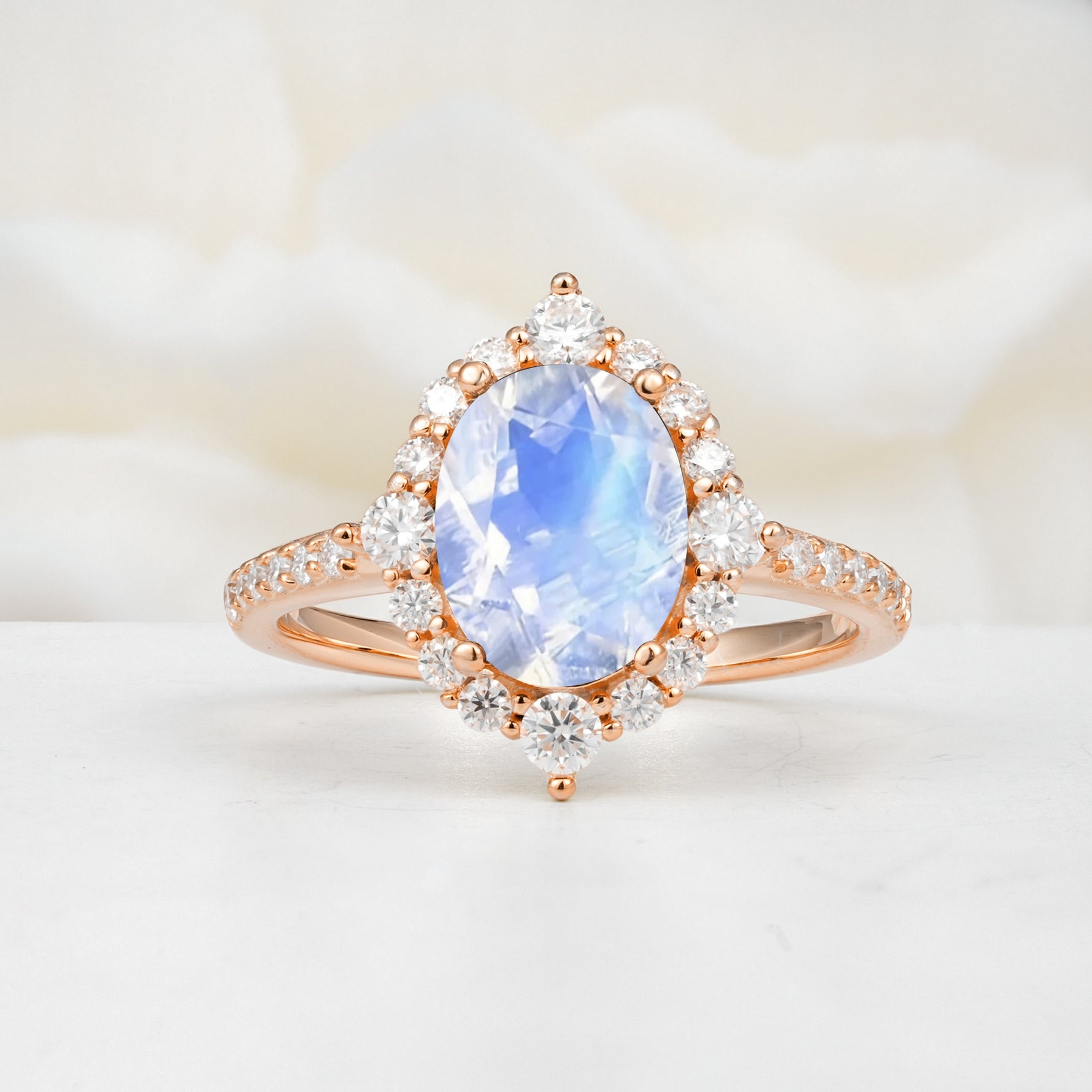 Luxurious Oval Cut Double Halo Pavé Band Moonstone Engagement Ring - Additional view