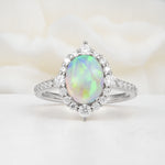 Luxurious Oval Cut Double Halo Pavé Band Fire Opal Engagement Ring - Additional view