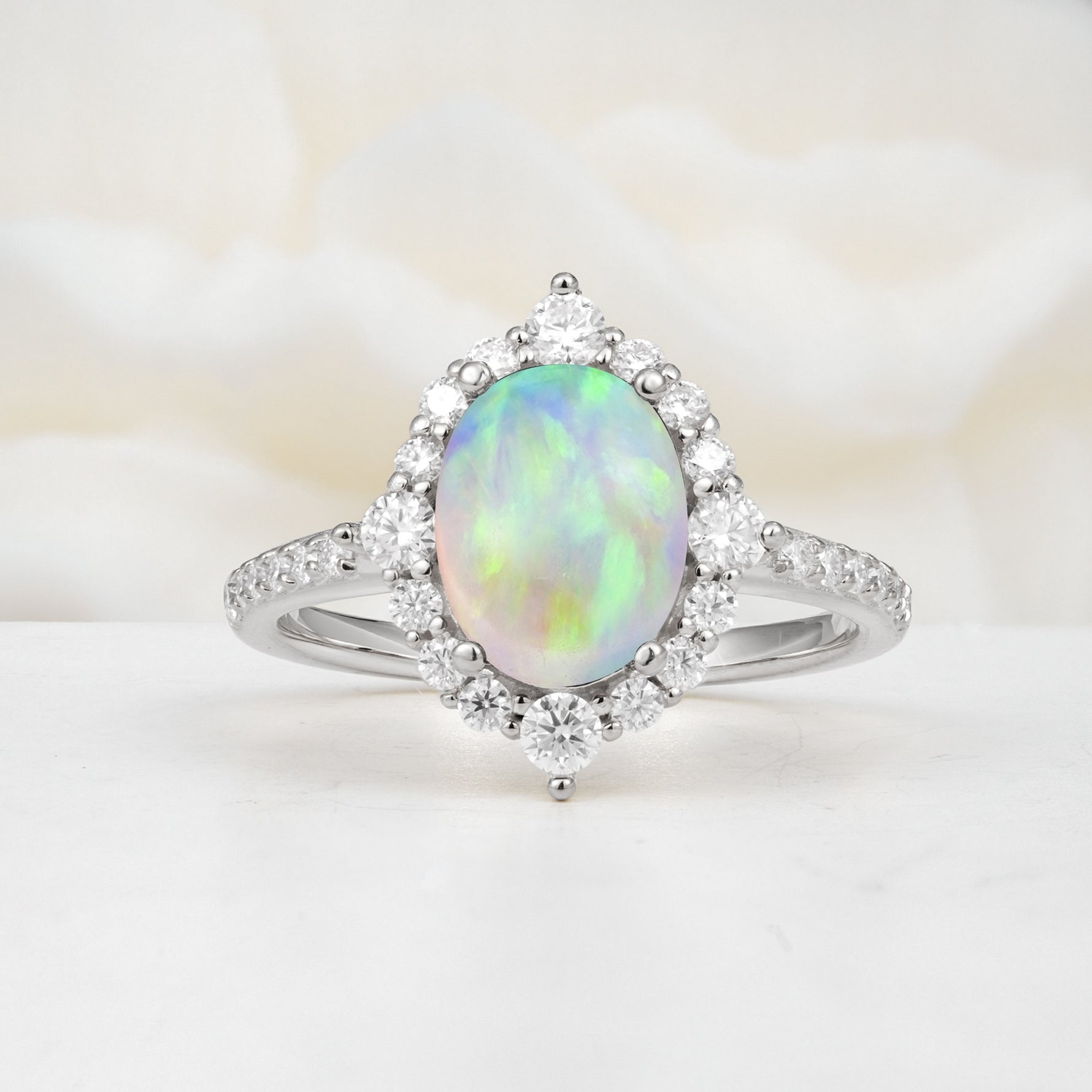 Luxurious Oval Cut Double Halo Pavé Band Fire Opal Engagement Ring - Additional view