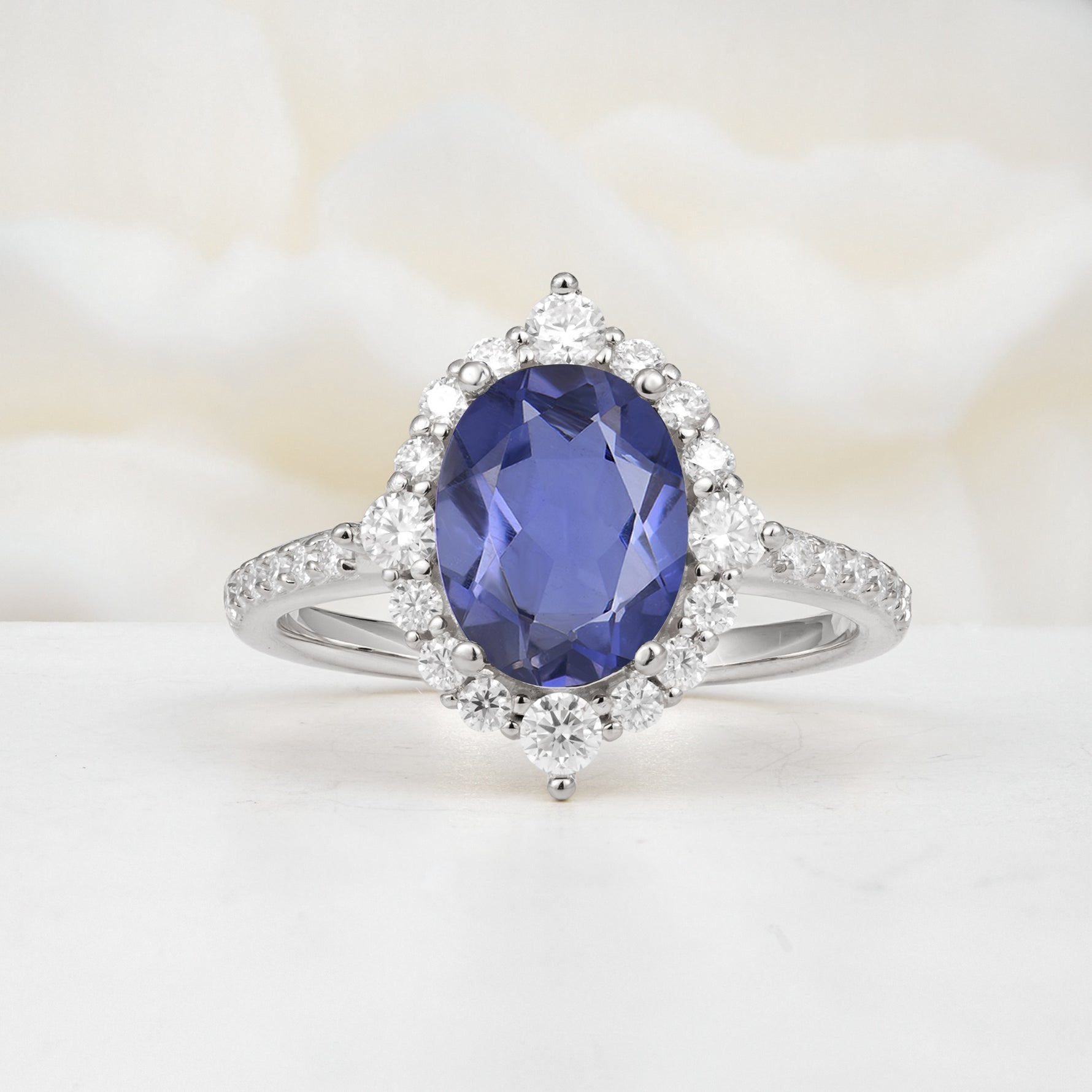 Luxurious Oval Cut Double Halo Pavé Band Tanzanite Engagement Ring - Additional view