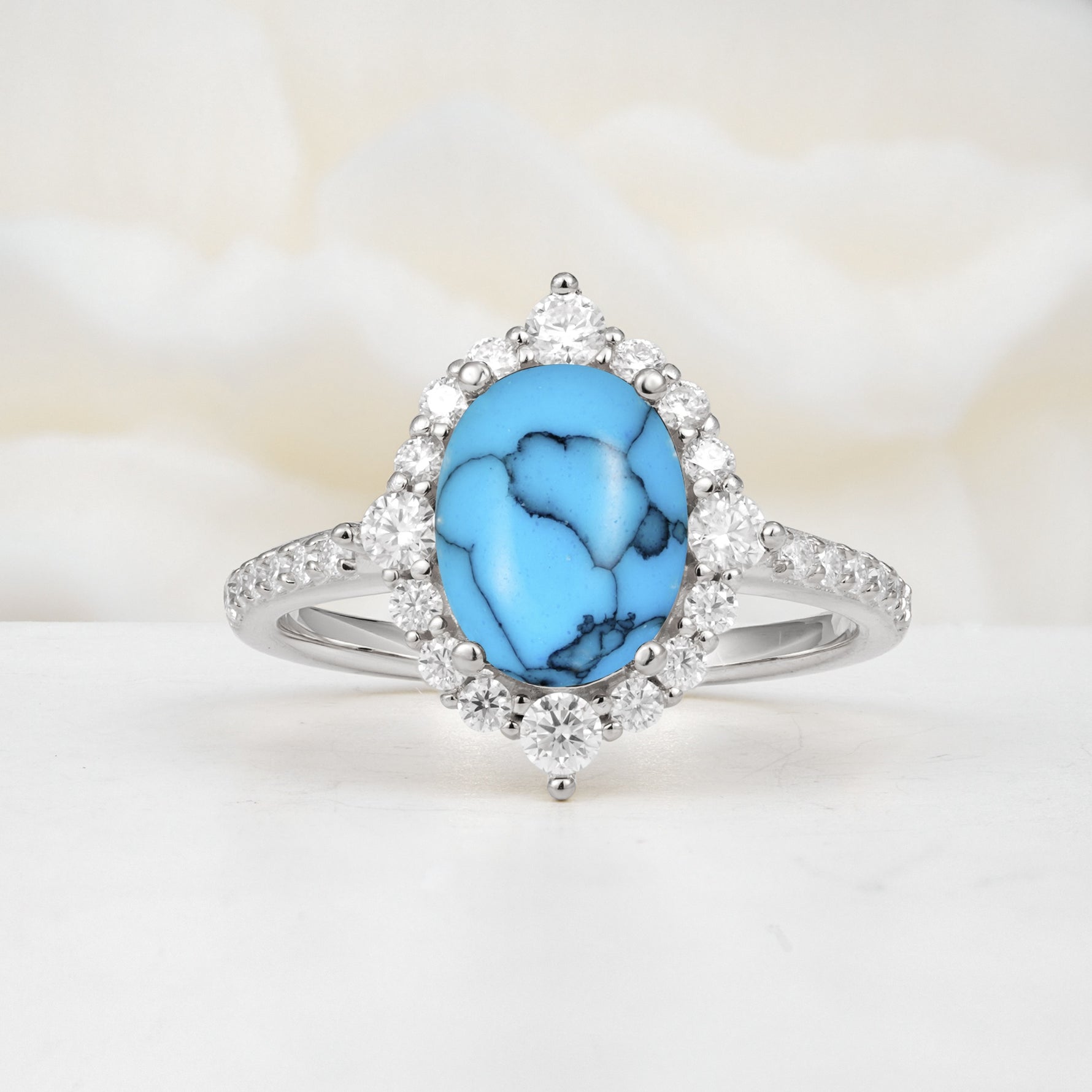 Luxurious Oval Cut Double Halo Pavé Band Turquoise Engagement Ring - Additional view