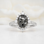 Luxurious Oval Cut Double Halo Pavé Band Black Rutilated Quartz Engagement Ring - Additional view