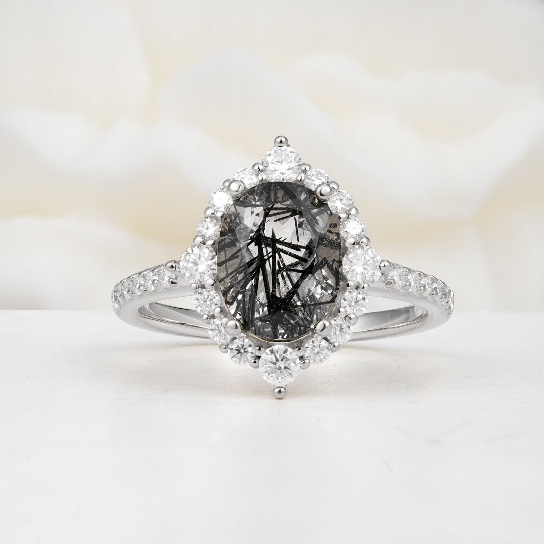 Luxurious Oval Cut Double Halo Pavé Band Black Rutilated Quartz Engagement Ring - Additional view