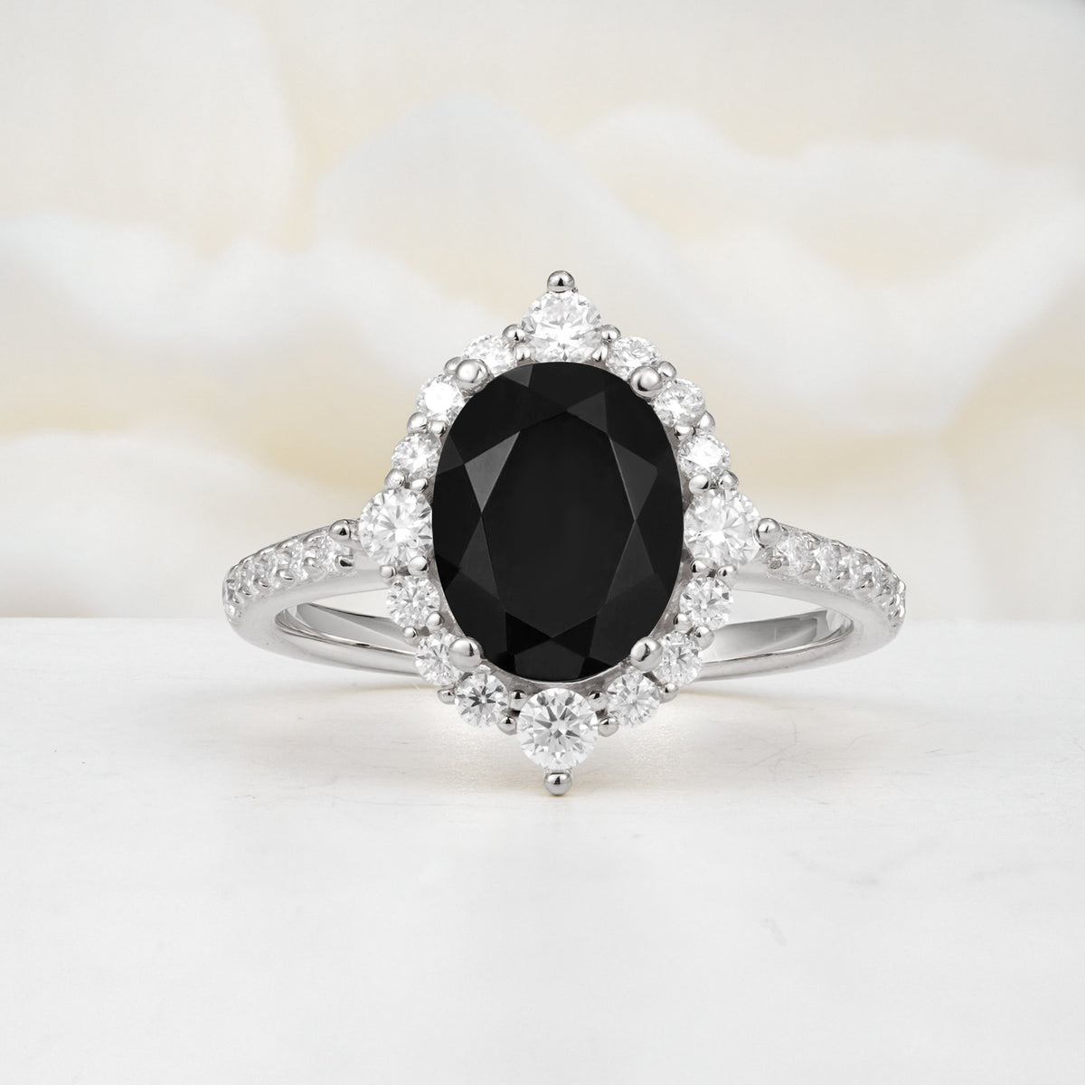 Luxurious Oval Cut Double Halo Pavé Band Black Onyx Engagement Ring - Additional view