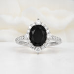 Luxurious Oval Cut Double Halo Pavé Band Black Onyx Engagement Ring - Additional view