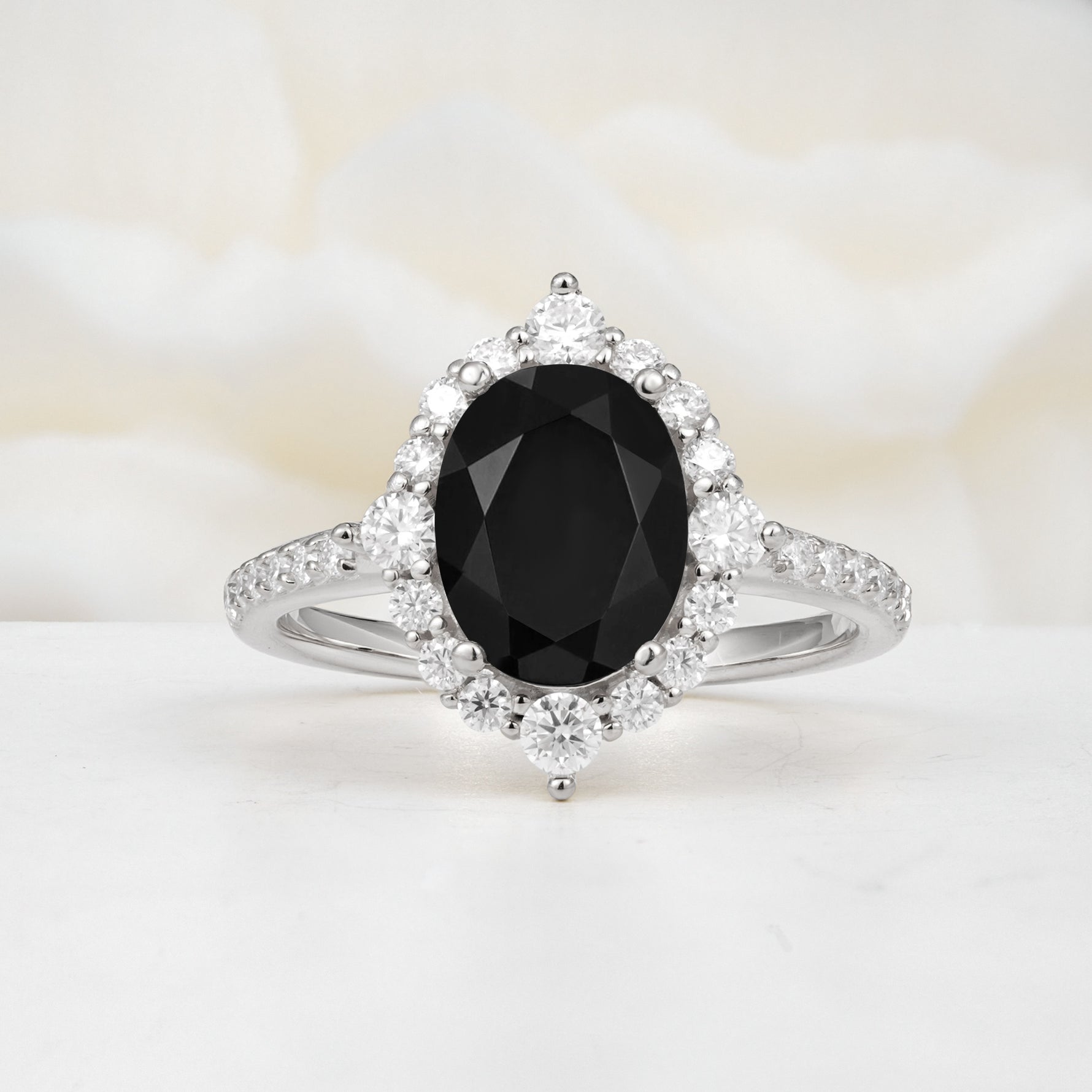 Luxurious Oval Cut Double Halo Pavé Band Black Onyx Engagement Ring - Additional view
